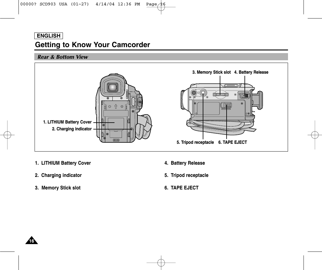 ENGLISHGetting to Know Your Camcorder1616ENGLISHRear &amp; Bottom View1.  LITHIUM Battery Cover2. Charging indicator 3.  Memory Stick slot4. Battery Release5. Tripod receptacle6. TAPE EJECT6. TAPE EJECT5. Tripod receptacle3. Memory Stick slot 1. LITHIUM Battery Cover4. Battery Release2. Charging indicator00000? SCD903 USA (01~27)  4/14/04 12:36 PM  Page 16