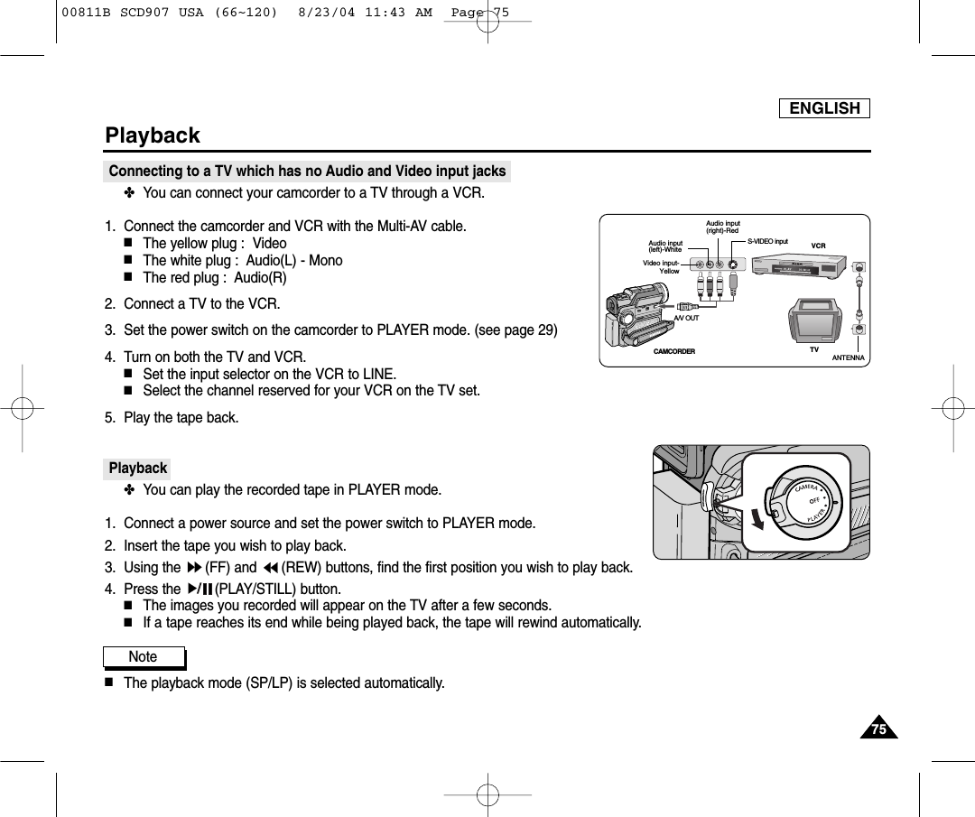 ENGLISH7575PlaybackConnecting to a TV which has no Audio and Video input jacks✤You can connect your camcorder to a TV through a VCR.1. Connect the camcorder and VCR with the Multi-AV cable.■The yellow plug :  Video■The white plug :  Audio(L) - Mono■The red plug :  Audio(R)  2. Connect a TV to the VCR.3. Set the power switch on the camcorder to PLAYER mode. (see page 29)4. Turn on both the TV and VCR.■Set the input selector on the VCR to LINE.■Select the channel reserved for your VCR on the TV set.5. Play the tape back.Playback✤You can play the recorded tape in PLAYER mode.1. Connect a power source and set the power switch to PLAYER mode.2. Insert the tape you wish to play back.3. Using the  (FF) and  (REW) buttons, find the first position you wish to play back.4. Press the  (PLAY/STILL) button.■The images you recorded will appear on the TV after a few seconds.■If a tape reaches its end while being played back, the tape will rewind automatically.Note ■The playback mode (SP/LP) is selected automatically.ANTENNAS-VIDEO inputA/V OUTTVVCRCAMCORDERVideo input-YellowAudio input (left)-WhiteAudio input(right)-Red00811B SCD907 USA (66~120)  8/23/04 11:43 AM  Page 75
