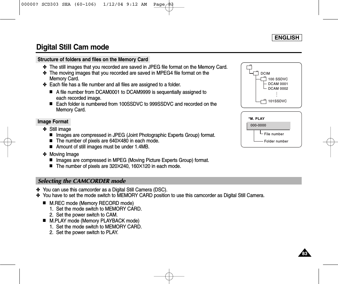 ENGLISH8383Digital Still Cam mode Structure of folders and files on the Memory Card✤The still images that you recorded are saved in JPEG file format on the Memory Card. ✤The moving images that you recorded are saved in MPEG4 file format on the Memory Card.✤Each file has a file number and all files are assigned to a folder.■A file number from DCAM0001 to DCAM9999 is sequentially assigned to each recorded image.■Each folder is numbered from 100SSDVC to 999SSDVC and recorded on the Memory Card.Image Format ✤Still image■Images are compressed in JPEG (Joint Photographic Experts Group) format.■The number of pixels are 640✕480 in each mode.■Amount of still images must be under 1.4MB.✤Moving Image■Images are compressed in MPEG (Moving Picture Experts Group) format.■The number of pixels are 320✕240, 160✕120 in each mode.✤You can use this camcorder as a Digital Still Camera (DSC).✤You have to set the mode switch to MEMORY CARD position to use this camcorder as Digital Still Camera.■M.REC mode (Memory RECORD mode)1. Set the mode switch to MEMORY CARD.2.  Set the power switch to CAM.■M.PLAY mode (Memory PLAYBACK mode)1. Set the mode switch to MEMORY CARD.2.  Set the power switch to PLAY.Selecting the CAMCORDER modeDCIM100 SSDVCDCAM 0001DCAM 0002101SSDVC....File numberFolder number000-0000*M. PLAY00000? SCD303 SEA (60~106)  1/12/04 9:12 AM  Page 83
