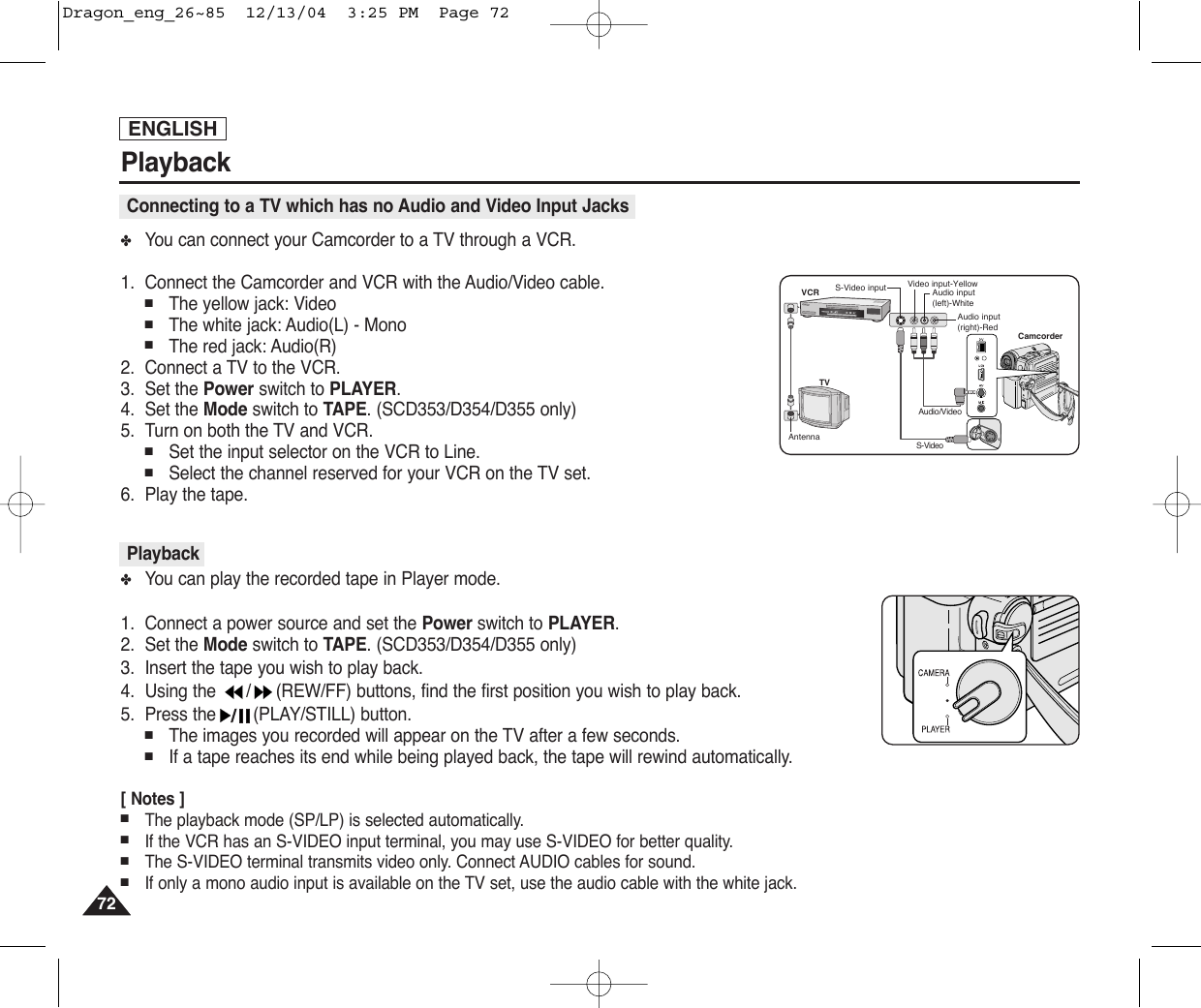 ENGLISHPlayback7272✤You can connect your Camcorder to a TV through a VCR.1. Connect the Camcorder and VCR with the Audio/Video cable.■The yellow jack: Video■The white jack: Audio(L) - Mono■The red jack: Audio(R)  2. Connect a TV to the VCR.3. Set the Power switch to PLAYER.4. Set the Mode switch to TAPE. (SCD353/D354/D355 only)5. Turn on both the TV and VCR.■Set the input selector on the VCR to Line.■Select the channel reserved for your VCR on the TV set.6. Play the tape.✤You can play the recorded tape in Player mode.1. Connect a power source and set the Power switch to PLAYER.2. Set the Mode switch to TAPE. (SCD353/D354/D355 only)3. Insert the tape you wish to play back.4. Using the  / (REW/FF) buttons, find the first position you wish to play back.5. Press the (PLAY/STILL) button.■The images you recorded will appear on the TV after a few seconds.■If a tape reaches its end while being played back, the tape will rewind automatically.[ Notes ]■The playback mode (SP/LP) is selected automatically.■If the VCR has an S-VIDEO input terminal, you may use S-VIDEO for better quality.■The S-VIDEO terminal transmits video only. Connect AUDIO cables for sound.■If only a mono audio input is available on the TV set, use the audio cable with the white jack.Connecting to a TV which has no Audio and Video Input JacksPlaybackAntennaS-Video inputAudio/VideoS-VideoTVVCRCamcorderVideo input-YellowAudio input(left)-WhiteAudio input(right)-RedDragon_eng_26~85  12/13/04  3:25 PM  Page 72
