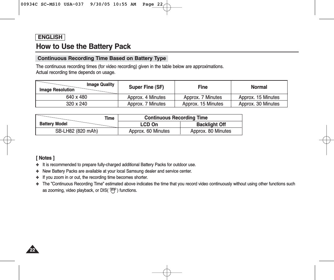 ENGLISH2222How to Use the Battery Pack[ Notes ]✤It is recommended to prepare fully-charged additional Battery Packs for outdoor use.✤New Battery Packs are available at your local Samsung dealer and service center.✤If you zoom in or out, the recording time becomes shorter.✤The ”Continuous Recording Time” estimated above indicates the time that you record video continuously without using other functions suchas zooming, video playback, or DIS( ) functions.The continuous recording times (for video recording) given in the table below are approximations. Actual recording time depends on usage.Continuous Recording Time Based on Battery TypeSuper Fine (SF) Fine Normal640 x 480320 x 240Approx. 4 MinutesApprox. 7 MinutesApprox. 7 MinutesApprox. 15 MinutesApprox. 15 MinutesApprox. 30 MinutesImage ResolutionImage QualityContinuous Recording TimeLCD On Backlight OffSB-LH82 (820 mAh) Approx. 60 Minutes Approx. 80 MinutesBattery ModelTime00934C SC-MS10 USA~037  9/30/05 10:55 AM  Page 22