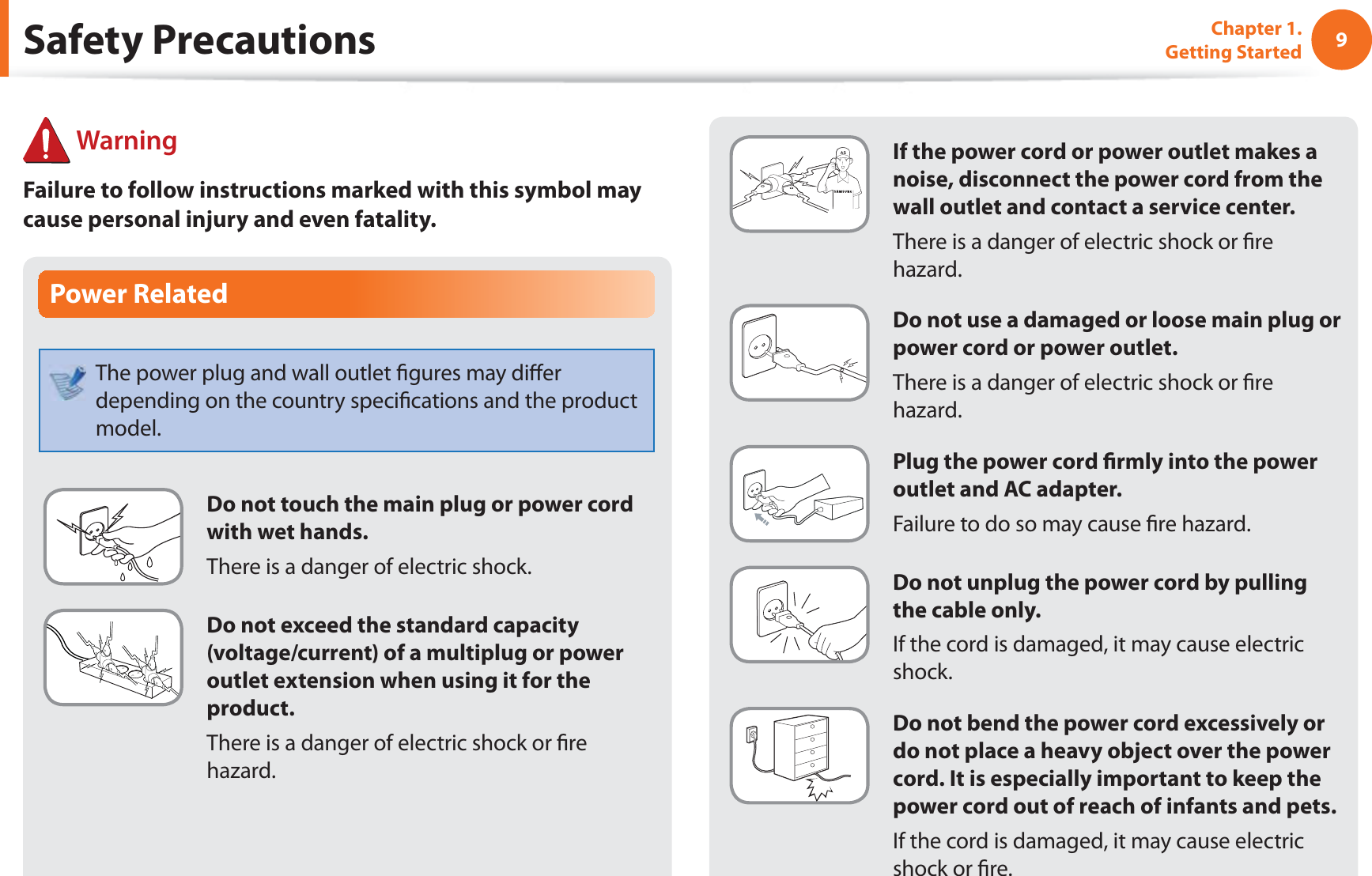 9Chapter 1. Getting StartedGIf the power cord or power outlet makes a noise, disconnect the power cord from the wall outlet and contact a service center.There is a danger of electric shock or ﬁ re hazard.Do not use a damaged or loose main plug or power cord or power outlet.There is a danger of electric shock or ﬁ re hazard.Plug the power cord ﬁ rmly into the power outlet and AC adapter.Failure to do so may cause ﬁ re hazard.Do not unplug the power cord by pulling the cable only.If the cord is damaged, it may cause electric shock.Do not bend the power cord excessively or do not place a heavy object over the power cord. It is especially important to keep the power cord out of reach of infants and pets.If the cord is damaged, it may cause electric shock or ﬁ re.Power RelatedThe power plug and wall outlet ﬁ gures may diﬀ er depending on the country speciﬁ cations and the product model.Do not touch the main plug or power cord with wet hands.There is a danger of electric shock.Do not exceed the standard capacity (voltage/current) of a multiplug or power outlet extension when using it for the product.There is a danger of electric shock or ﬁ re hazard.Safety Precautions WarningFailure to follow instructions marked with this symbol may cause personal injury and even fatality.