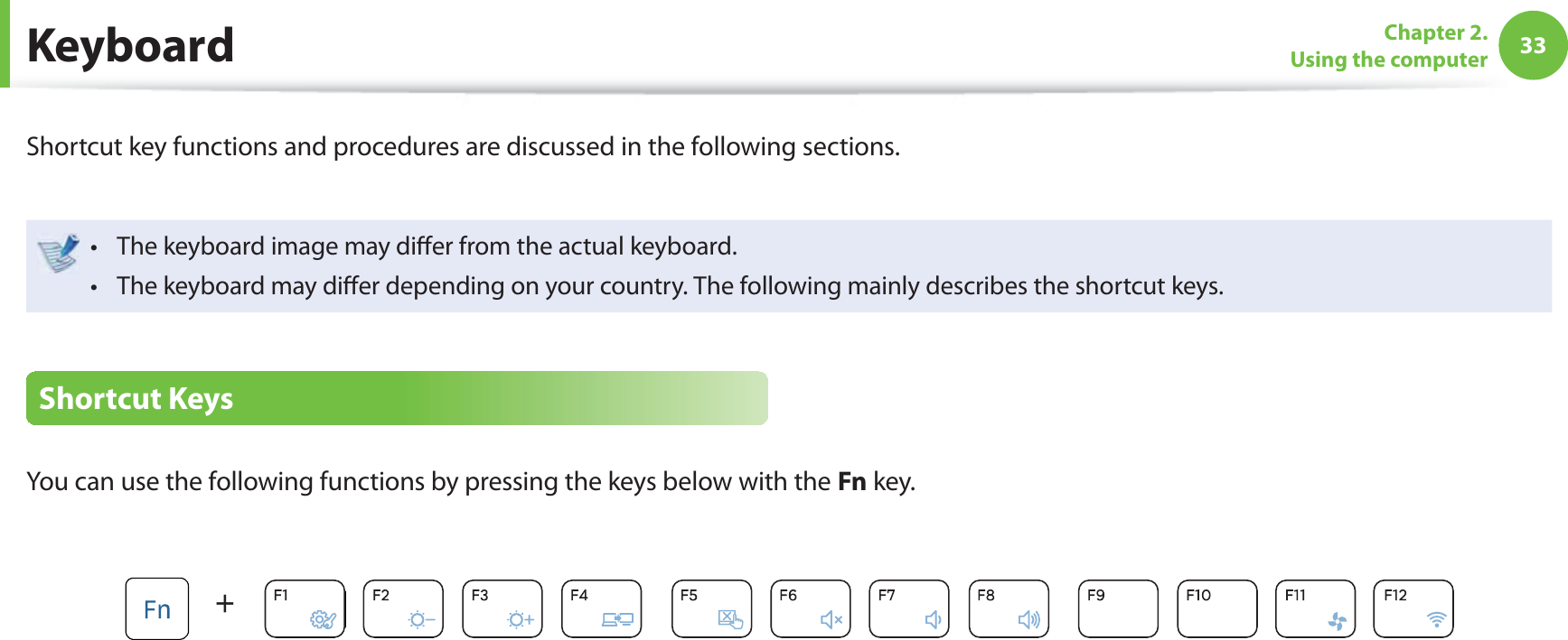 33Chapter 2. Using the computer KeyboardShortcut key functions and procedures are discussed in the following sections.The keyboard image may diﬀ er from the actual keyboard.t The keyboard may diﬀ er depending on your country. The following mainly describes the shortcut keys.t  Shortcut  KeysYou can use the following functions by pressing the keys below with the Fn key.