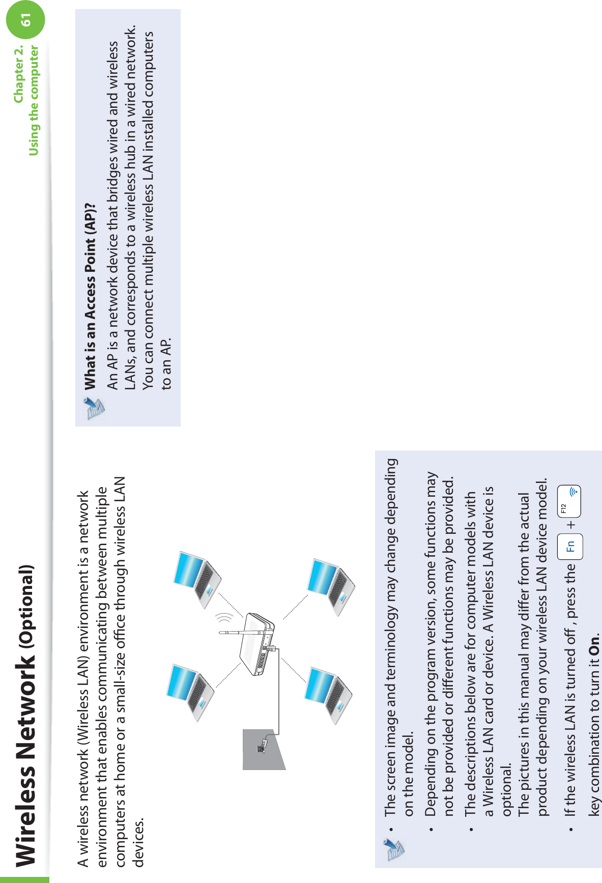 61Chapter 2. Using the computerA wireless network (Wireless LAN) environment is a network environment that enables communicating between multiple computers at home or a small-size oﬃ  ce through wireless LAN devices.The screen image and terminology may change depending t on the model.Depending on the program version, some functions may t not be provided or diﬀ erent functions may be provided.The descriptions below are for computer models with t a Wireless LAN card or device. A Wireless LAN device is optional.The pictures in this manual may diﬀ er from the actual product depending on your wireless LAN device model.If the wireless LAN is turned oﬀ  , press the t  +   key combination to turn it On.  What is an Access Point ( AP)?An AP is a network device that bridges wired and wireless LANs, and corresponds to a wireless hub in a wired network. You can connect multiple wireless LAN installed computers to an AP. Wireless  Network  (Optional)