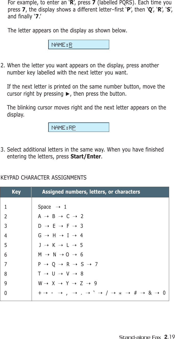 2.19Stand-alone FaxFor example, to enter an ‘R’, press 7(labelled PQRS). Each time youpress 7, the display shows a different letter–first ‘P’, then ‘Q’,  ‘R’, ‘S’,and finally ‘7.’ The letter appears on the display as shown below.2. When the letter you want appears on the display, press anothernumber key labelled with the next letter you want.If the next letter is printed on the same number button, move thecursor right by pressing ❿, then press the button.The blinking cursor moves right and the next letter appears on thedisplay.3. Select additional letters in the same way. When you have finishedentering the letters, press Start/Enter. KEYPAD CHARACTER ASSIGNMENTS Key1234567890Space  ➝1A  ➝B  ➝C  ➝2D ➝E  ➝F  ➝3G  ➝H  ➝I  ➝4J  ➝K  ➝L  ➝5M  ➝N  ➝O  ➝6P  ➝Q  ➝R ➝S  ➝7T  ➝U  ➝V ➝8W ➝X  ➝Y  ➝Z  ➝9+ ➝-  ➝,  ➝. ➝‘  ➝/  ➝➝#  ➝&amp;  ➝0Assigned numbers, letters, or charactersNAME:RNAME:RP