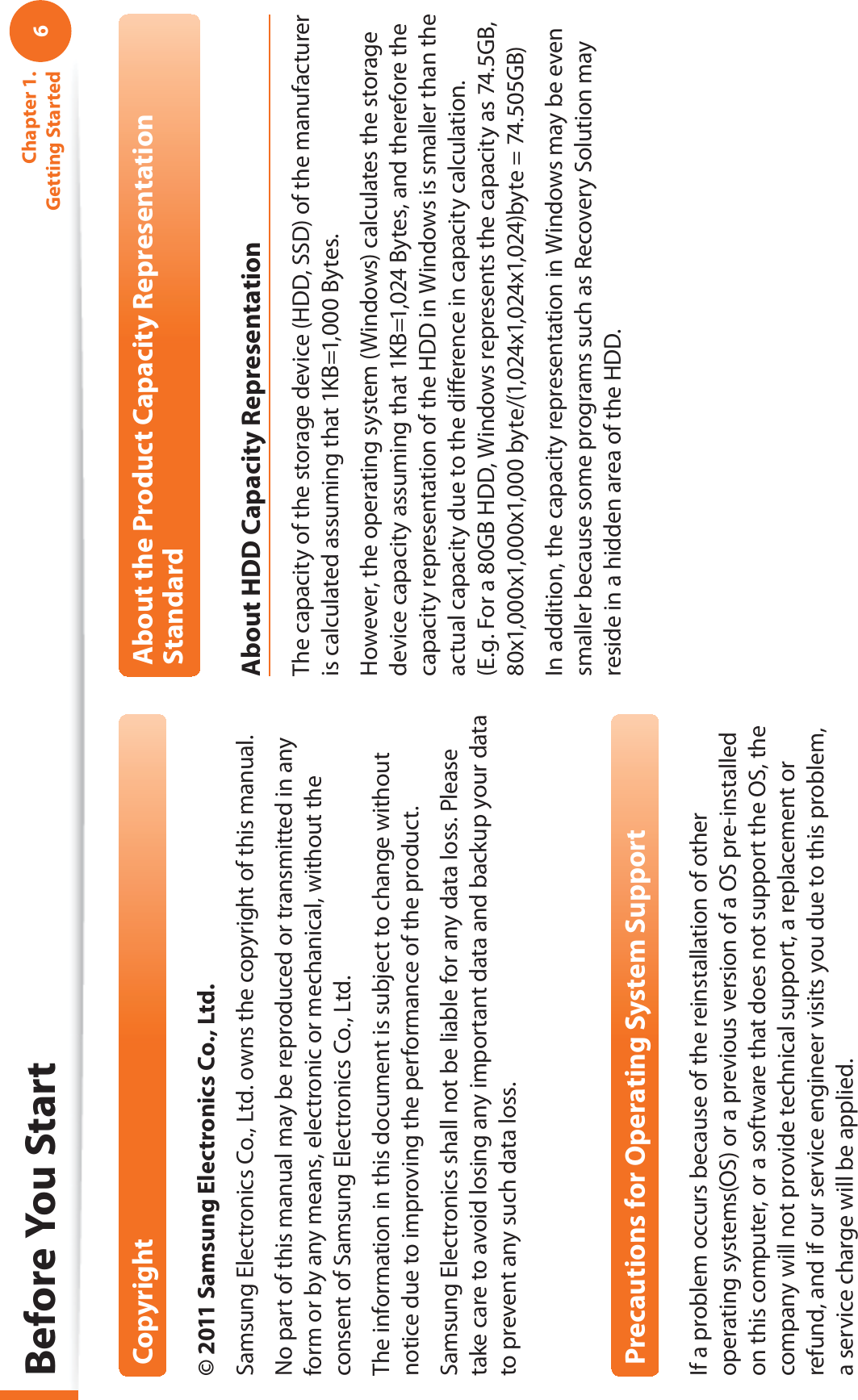 6Chapter 1. Getting StartedBefore You StartCopyright© 2011 Samsung Electronics Co., Ltd.Samsung Electronics Co., Ltd. owns the copyright of this manual.No part of this manual may be reproduced or transmitted in any form or by any means, electronic or mechanical, without the consent of Samsung Electronics Co., Ltd. The information in this document is subject to change without notice due to improving the performance of the product.Samsung Electronics shall not be liable for any data loss. Please take care to avoid losing any important data and backup your data to prevent any such data loss.Precautions for Operating System SupportIf a problem occurs because of the reinstallation of other operating systems(OS) or a previous version of a OS pre-installed on this computer, or a software that does not support the OS, the company will not provide technical support, a replacement or refund, and if our service engineer visits you due to this problem, a service charge will be applied.About the Product Capacity Representation StandardAbout HDD Capacity RepresentationThe capacity of the storage device (HDD, SSD) of the manufacturer is calculated assuming that 1KB=1,000 Bytes.However, the operating system (Windows) calculates the storage device capacity assuming that 1KB=1,024 Bytes, and therefore the capacity representation of the HDD in Windows is smaller than the actual capacity due to the diﬀerence in capacity calculation.  (E.g. For a 80GB HDD, Windows represents the capacity as 74.5GB, 80x1,000x1,000x1,000 byte/(1,024x1,024x1,024)byte = 74.505GB)In addition, the capacity representation in Windows may be even smaller because some programs such as Recovery Solution may reside in a hidden area of the HDD.