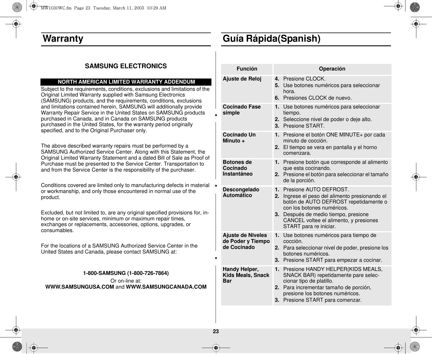 23 WarrantySAMSUNG ELECTRONICSSubject to the requirements, conditions, exclusions and limitations of the Original Limited Warranty supplied with Samsung Electronics (SAMSUNG) products, and the requirements, conditions, exclusions and limitations contained herein, SAMSUNG will additionally provide Warranty Repair Service in the United States on SAMSUNG products purchased in Canada, and in Canada on SAMSUNG products purchased in the United States, for the warranty period originally specified, and to the Original Purchaser only.The above described warranty repairs must be performed by a SAMSUNG Authorized Service Center. Along with this Statement, the Original Limited Warranty Statement and a dated Bill of Sale as Proof of Purchase must be presented to the Service Center. Transportation to and from the Service Center is the responsibility of the purchaser.Conditions covered are limited only to manufacturing defects in material or workmanship, and only those encountered in normal use of the product.Excluded, but not limited to, are any original specified provisions for, in-home or on-site services, minimum or maximum repair times, exchanges or replacements, accessories, options, upgrades, or consumables.For the locations of a SAMSUNG Authorized Service Center in the United States and Canada, please contact SAMSUNG at:1-800-SAMSUNG (1-800-726-7864)Or on-line at:WWW.SAMSUNGUSA.COM and WWW.SAMSUNGCANADA.COMGuía Rápida(Spanish)Función  OperaciónAjuste de Reloj 4. Presione CLOCK.5. Use botones numéricos para seleccionar hora.6. Presiones CLOCK de nuevo.Cocinado Fase simple 1. Use botones numéricos para seleccionar tiempo.2. Seleccione nivel de poder o deje alto.3. Presione START.Cocinado Un Minuto + 1. Presione el botón ONE MINUTE+ por cada minuto de cocción.2. El tiempo se vera en pantalla y el horno comenzara.Botones de Cocinado Instantáneo 1. Presione botón que corresponde al alimento que esta cocinando.  2. Presione el botón para seleccionar el tamaño de la porción.DescongeladoAutomático 1. Presione AUTO DEFROST. 2. Ingrese el peso del alimento presionando el botón de AUTO DEFROST repetidamente o con los botones numéricos.3. Después de medio tiempo, presione CANCEL voltee el alimento, y presiones START para re iniciar.Ajuste de Niveles de Poder y Tiempo de Cocinado 1. Use botones numéricos para tiempo de cocción.2. Para seleccionar nivel de poder, presione los botones numéricos.3. Presione START para empezar a cocinar.Handy Helper, Kids Meals, Snack Bar1. Presione HANDY HELPER(KIDS MEALS, SNACK BAR) repetidamente pare selec-cionar tipo de platillo.2. Para incrementar tamaño de porción, presione los botones numéricos.3. Presione START para comenzar.NORTH AMERICAN LIMITED WARRANTY ADDENDUMt~XWZW~jUGGwGYZGG{SGtGXXSGYWWZGGXWaY`Ght