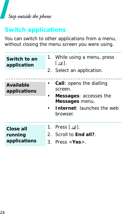 Step outside the phone24Switch applicationsYou can switch to other applications from a menu, without closing the menu screen you were using.1. While using a menu, press [].2. Select an application.•Call: opens the dialling screen.•Messages: accesses the Messages menu.•Internet: launches the web browser.1. Press [].2. Scroll to End all?.3. Press &lt;Yes&gt;. Switch to an applicationAvailable applicationsClose all running applications