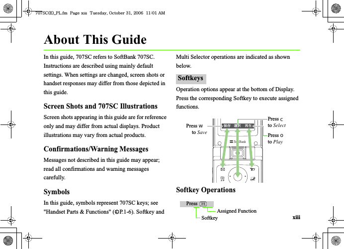 xiiiAbout This GuideIn this guide, 707SC refers to SoftBank 707SC. Instructions are described using mainly default settings. When settings are changed, screen shots or handset responses may differ from those depicted in this guide.Screen Shots and 707SC IllustrationsScreen shots appearing in this guide are for reference only and may differ from actual displays. Product illustrations may vary from actual products.Confirmations/Warning MessagesMessages not described in this guide may appear; read all confirmations and warning messages carefully.SymbolsIn this guide, symbols represent 707SC keys; see &quot;Handset Parts &amp; Functions&quot; ( P.1-6). Softkey and Multi Selector operations are indicated as shown below.Operation options appear at the bottom of Display. Press the corresponding Softkey to execute assigned functions.Softkey OperationsSoftkeys଻ሽ ㆬᛯ ౣ↢Press cto SelectPress oto PlayPress wto SavePress  Assigned FunctionSoftkey^W^zjOlPwsUGGwGGG{SGvGZXSGYWW]GGXXaWXGht