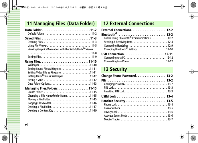 vi11 Managing Files(Data Folder)Data Folder . . . . . . . . . . . . . . . . . . . . . . . . . . . . 11-2Default Folders  . . . . . . . . . . . . . . . . . . . . . . . . . . . . . . . .11-2Saved Files . . . . . . . . . . . . . . . . . . . . . . . . . . . .11-3Opening Files. . . . . . . . . . . . . . . . . . . . . . . . . . . . . . . . . .11-3Using File Viewer. . . . . . . . . . . . . . . . . . . . . . . . . . . . . . .11-5Viewing Graphics/Animation with the SVG-T/Flash® Viewer. . . . . . . . . . . . . . . . . . . . . . . . . . . . . . . . . . . . . . . . . .11-8Sorting Files. . . . . . . . . . . . . . . . . . . . . . . . . . . . . . . . . . .11-9Using Files. . . . . . . . . . . . . . . . . . . . . . . . . . . .11-10Wallpaper . . . . . . . . . . . . . . . . . . . . . . . . . . . . . . . . . . .11-10Setting Sound File as Ringtone. . . . . . . . . . . . . . . . . . . .11-11Setting Video File as Ringtone . . . . . . . . . . . . . . . . . . . .11-11Setting Flash® file as Wallpaper. . . . . . . . . . . . . . . . . . .11-12Saving a vFile  . . . . . . . . . . . . . . . . . . . . . . . . . . . . . . . .11-12Data Folder Options. . . . . . . . . . . . . . . . . . . . . . . . . . . .11-13Managing Files/Folders. . . . . . . . . . . . . . . . . .11-15Create Folder. . . . . . . . . . . . . . . . . . . . . . . . . . . . . . . . .11-15Changing a File Name/Folder Name . . . . . . . . . . . . . . . .11-15Moving a File/Folder  . . . . . . . . . . . . . . . . . . . . . . . . . . .11-15Copying Files/Folders . . . . . . . . . . . . . . . . . . . . . . . . . . .11-16Deleting a File/Folder. . . . . . . . . . . . . . . . . . . . . . . . . . .11-17Deleting a Content Key  . . . . . . . . . . . . . . . . . . . . . . . . .11-1912 External ConnectionsExternal Connections. . . . . . . . . . . . . . . . . . . .  12-2Bluetooth® . . . . . . . . . . . . . . . . . . . . . . . . . . .  12-2Before Using Bluetooth® Communications . . . . . . . . . . . 12-2Sending &amp; Receiving Data. . . . . . . . . . . . . . . . . . . . . . . . 12-4Connecting Handsfree  . . . . . . . . . . . . . . . . . . . . . . . . . . 12-9Changing Bluetooth® Settings  . . . . . . . . . . . . . . . . . . . 12-10USB Connection . . . . . . . . . . . . . . . . . . . . . . .  12-11Connecting to a PC. . . . . . . . . . . . . . . . . . . . . . . . . . . . 12-12Connecting to a Printer. . . . . . . . . . . . . . . . . . . . . . . . . 12-1213 SecurityChange Phone Password . . . . . . . . . . . . . . . . .  13-2PIN . . . . . . . . . . . . . . . . . . . . . . . . . . . . . . . . . .  13-2Changing PIN/PIN2. . . . . . . . . . . . . . . . . . . . . . . . . . . . . 13-2PIN Lock. . . . . . . . . . . . . . . . . . . . . . . . . . . . . . . . . . . . . 13-3Resetting PIN Lock . . . . . . . . . . . . . . . . . . . . . . . . . . . . . 13-3USIM Lock . . . . . . . . . . . . . . . . . . . . . . . . . . . .  13-4Handset Security . . . . . . . . . . . . . . . . . . . . . . .  13-5Phone Lock. . . . . . . . . . . . . . . . . . . . . . . . . . . . . . . . . . . 13-5Password Lock . . . . . . . . . . . . . . . . . . . . . . . . . . . . . . . . 13-5Privacy Lock . . . . . . . . . . . . . . . . . . . . . . . . . . . . . . . . . . 13-6Activate Secret Mode . . . . . . . . . . . . . . . . . . . . . . . . . . . 13-6Mobile Tracker . . . . . . . . . . . . . . . . . . . . . . . . . . . . . . . . 13-75%&apos;DQQMXKࡍ࡯ࠫ㧞㧜㧜㧢ᐕ㧝㧜᦬㧞㧢ᣣޓᧁᦐᣣޓඦ೨㧝㧝ᤨ㧝㧥ಽ