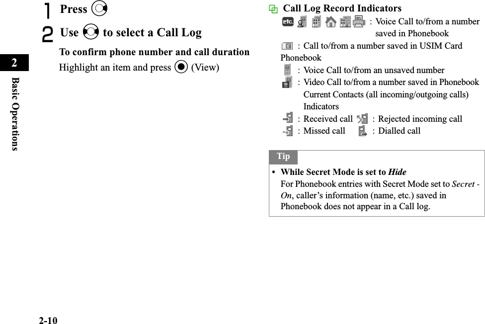2-10Basic Operations2APress rBUse s to select a Call LogTo confirm phone number and call durationHighlight an item and press c (View) Call Log Record Indicators: Voice Call to/from a number saved in Phonebook: Call to/from a number saved in USIM Card Phonebook: Voice Call to/from an unsaved number: Video Call to/from a number saved in Phonebook Current Contacts (all incoming/outgoing calls) Indicators: Received call : Rejected incoming call: Missed call : Dialled callTip• While Secret Mode is set to HideFor Phonebook entries with Secret Mode set to Secret - On, caller’s information (name, etc.) saved in Phonebook does not appear in a Call log.