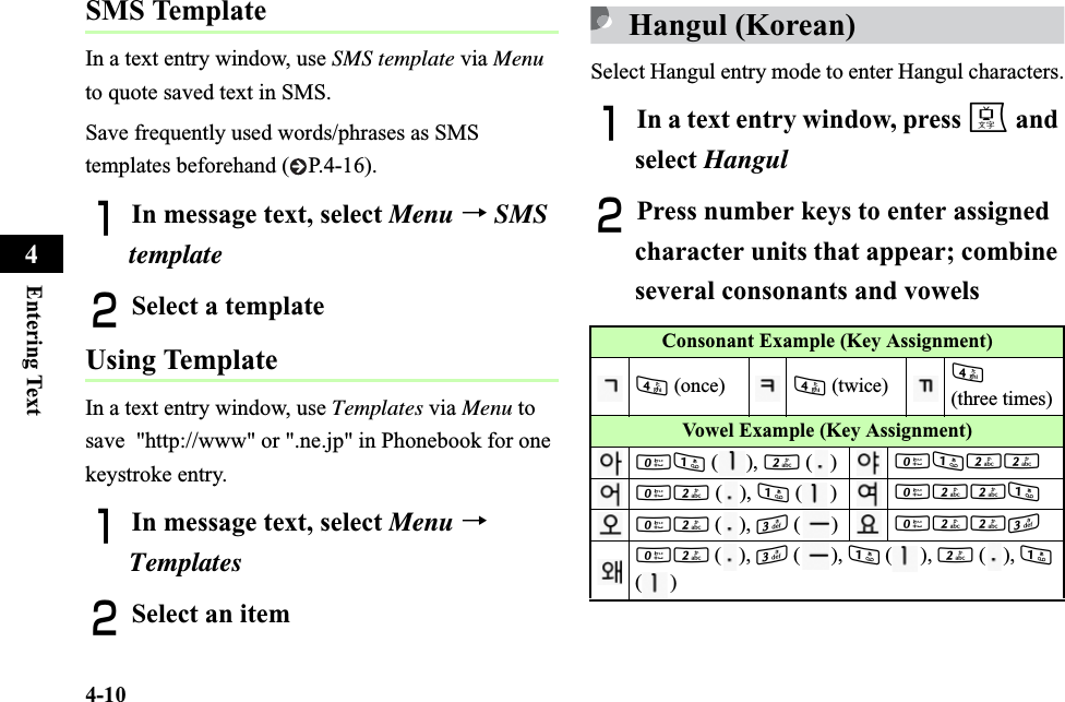4-10Entering Text4SMS TemplateIn a text entry window, use SMS template via Menuto quote saved text in SMS.Save frequently used words/phrases as SMS templates beforehand ( P.4-16).AIn message text, select Menu →SMStemplateBSelect a templateUsing TemplateIn a text entry window, use Templates via Menu to save  &quot;http://www&quot; or &quot;.ne.jp&quot; in Phonebook for one keystroke entry. AIn message text, select Menu →TemplatesBSelect an itemHangul (Korean)Select Hangul entry mode to enter Hangul characters.AIn a text entry window, press e and select HangulBPress number keys to enter assigned character units that appear; combine several consonants and vowelsConsonant Example (Key Assignment)4 (once) 4 (twice) 4(three times)Vowel Example (Key Assignment)01 ( ), 2 () 012202 (), 1 () 022102 (), 3 ()  022302 (), 3 (), 1 (), 2 (), 1()
