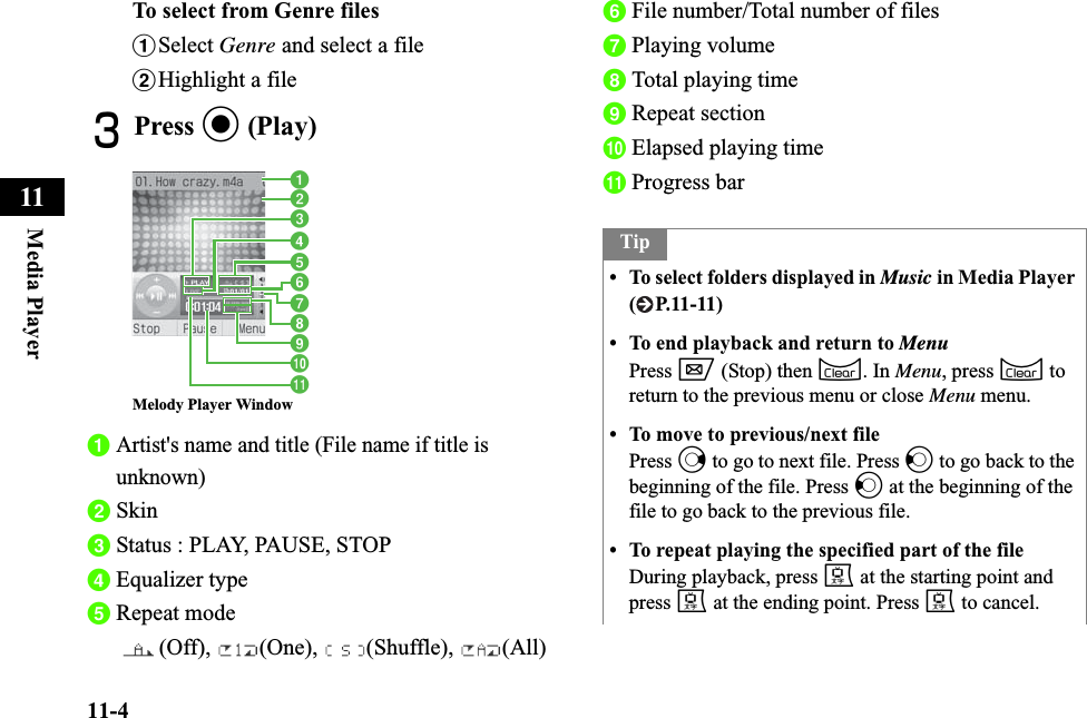 11-4Media Player11To select from Genre filesaSelect Genre and select a filebHighlight a fileCPress c (Play)aArtist&apos;s name and title (File name if title is unknown)bSkincStatus : PLAY, PAUSE, STOPdEqualizer typeeRepeat mode(Off), (One), (Shuffle), (All)fFile number/Total number of filesgPlaying volumehTotal playing timeiRepeat sectionjElapsed playing timekProgress barMelody Player WindowabghiefckjdTip• To select folders displayed in Music in Media Player ( P.11-11)• To end playback and return to MenuPress w (Stop) then C. In Menu, press C to return to the previous menu or close Menu menu.• To move to previous/next filePress r to go to next file. Press l to go back to the beginning of the file. Press l at the beginning of the file to go back to the previous file.• To repeat playing the specified part of the fileDuring playback, press e at the starting point and press e at the ending point. Press e to cancel.