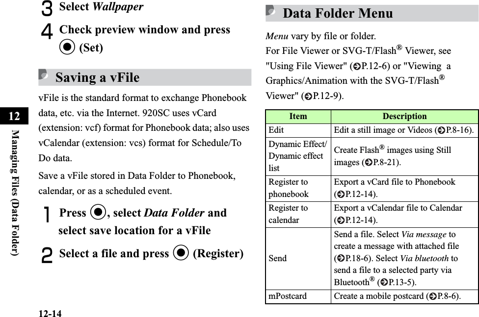 12-14Managing Files (Data Folder)12CSelect WallpaperDCheck preview window and press c (Set)Saving a vFilevFile is the standard format to exchange Phonebook data, etc. via the Internet. 920SC uses vCard (extension: vcf) format for Phonebook data; also uses vCalendar (extension: vcs) format for Schedule/To Do data.Save a vFile stored in Data Folder to Phonebook, calendar, or as a scheduled event.APress c, select Data Folder and select save location for a vFileBSelect a file and press c (Register)Data Folder MenuMenu vary by file or folder.For File Viewer or SVG-T/Flash® Viewer, see &quot;Using File Viewer&quot; ( P.12-6) or &quot;Viewing  a Graphics/Animation with the SVG-T/Flash®Viewer&quot; ( P.12-9).Item DescriptionEdit Edit a still image or Videos ( P.8-16).Dynamic Effect/Dynamic effect listCreate Flash® images using Still images ( P.8-21).Register to phonebookExport a vCard file to Phonebook ( P.12-14).Register to calendarExport a vCalendar file to Calendar ( P.12-14).SendSend a file. Select Via message to create a message with attached file ( P.18-6). Select Via bluetooth to send a file to a selected party via Bluetooth® ( P.13-5). mPostcard Create a mobile postcard ( P.8-6).