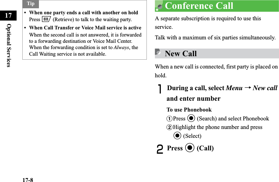 17-8Optional Services17Conference CallA separate subscription is required to use this service.Talk with a maximum of six parties simultaneously.New CallWhen a new call is connected, first party is placed on hold.ADuring a call, select Menu →New calland enter numberTo use PhonebookaPress c (Search) and select PhonebookbHighlight the phone number and press c (Select)BPress c (Call)Tip• When one party ends a call with another on holdPress w (Retrieve) to talk to the waiting party.• When Call Transfer or Voice Mail service is activeWhen the second call is not answered, it is forwarded to a forwarding destination or Voice Mail Center. When the forwarding condition is set to Always, the Call Waiting service is not available.