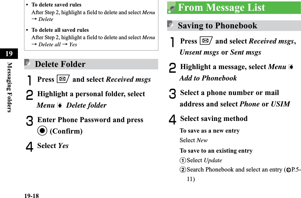 19-18Messaging Folders19Delete FolderAPress w and select Received msgsBHighlight a personal folder, select Menu i Delete folderCEnter Phone Password and press c (Confirm)DSelect YesFrom Message ListSaving to PhonebookAPress w and select Received msgs,Unsent msgs or Sent msgsBHighlight a message, select Menu iAdd to PhonebookCSelect a phone number or mail address and select Phone or USIMDSelect saving methodTo save as a new entrySelect NewTo save to an existing entryaSelect UpdatebSearch Phonebook and select an entry ( P.5-11)• To delete saved rulesAfter Step 2, highlight a field to delete and select Menu→ Delete• To delete all saved rulesAfter Step 2, highlight a field to delete and select Menu→ Delete all → Yes
