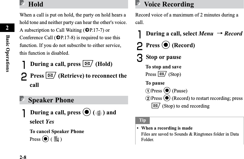 2-8Basic Operations2HoldWhen a call is put on hold, the party on hold hears a hold tone and neither party can hear the other&apos;s voice. A subscription to Call Waiting (fP.17-7) or Conference Call (fP.17-8) is required to use this function. If you do not subscribe to either service, this function is disabled.ADuring a call, press w (Hold)BPress w (Retrieve) to reconnect the callSpeaker PhoneADuring a call, press c ( ) and select YesTo cancel Speaker PhonePress c ()Voice RecordingRecord voice of a maximum of 2 minutes during a call.ADuring a call, select Menu →RecordBPress c (Record)CStop or pauseTo stop and savePress w (Stop)To pauseaPress c (Pause)bPress c (Record) to restart recording; press w (Stop) to end recordingTip• When a recording is madeFiles are saved to Sounds &amp; Ringtones folder in Data Folder.