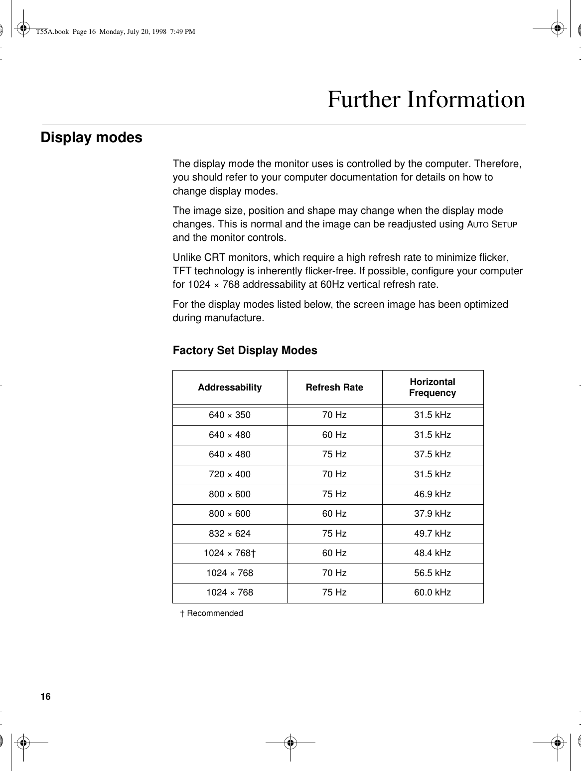 16Further InformationDisplay modesThe display mode the monitor uses is controlled by the computer. Therefore, you should refer to your computer documentation for details on how to change display modes.The image size, position and shape may change when the display mode changes. This is normal and the image can be readjusted using AUTO SETUP and the monitor controls.Unlike CRT monitors, which require a high refresh rate to minimize flicker, TFT technology is inherently flicker-free. If possible, configure your computer for 1024 × 768 addressability at 60Hz vertical refresh rate.For the display modes listed below, the screen image has been optimized during manufacture.Factory Set Display Modes† RecommendedAddressability Refresh Rate Horizontal Frequency640 × 350 70 Hz 31.5 kHz640 × 480 60 Hz 31.5 kHz640 × 480 75 Hz 37.5 kHz720 × 400 70 Hz 31.5 kHz800 × 600 75 Hz 46.9 kHz800 × 600 60 Hz 37.9 kHz832 × 624 75 Hz 49.7 kHz1024 × 768† 60 Hz 48.4 kHz1024 × 768 70 Hz 56.5 kHz1024 × 768 75 Hz 60.0 kHzT55A.book  Page 16  Monday, July 20, 1998  7:49 PM