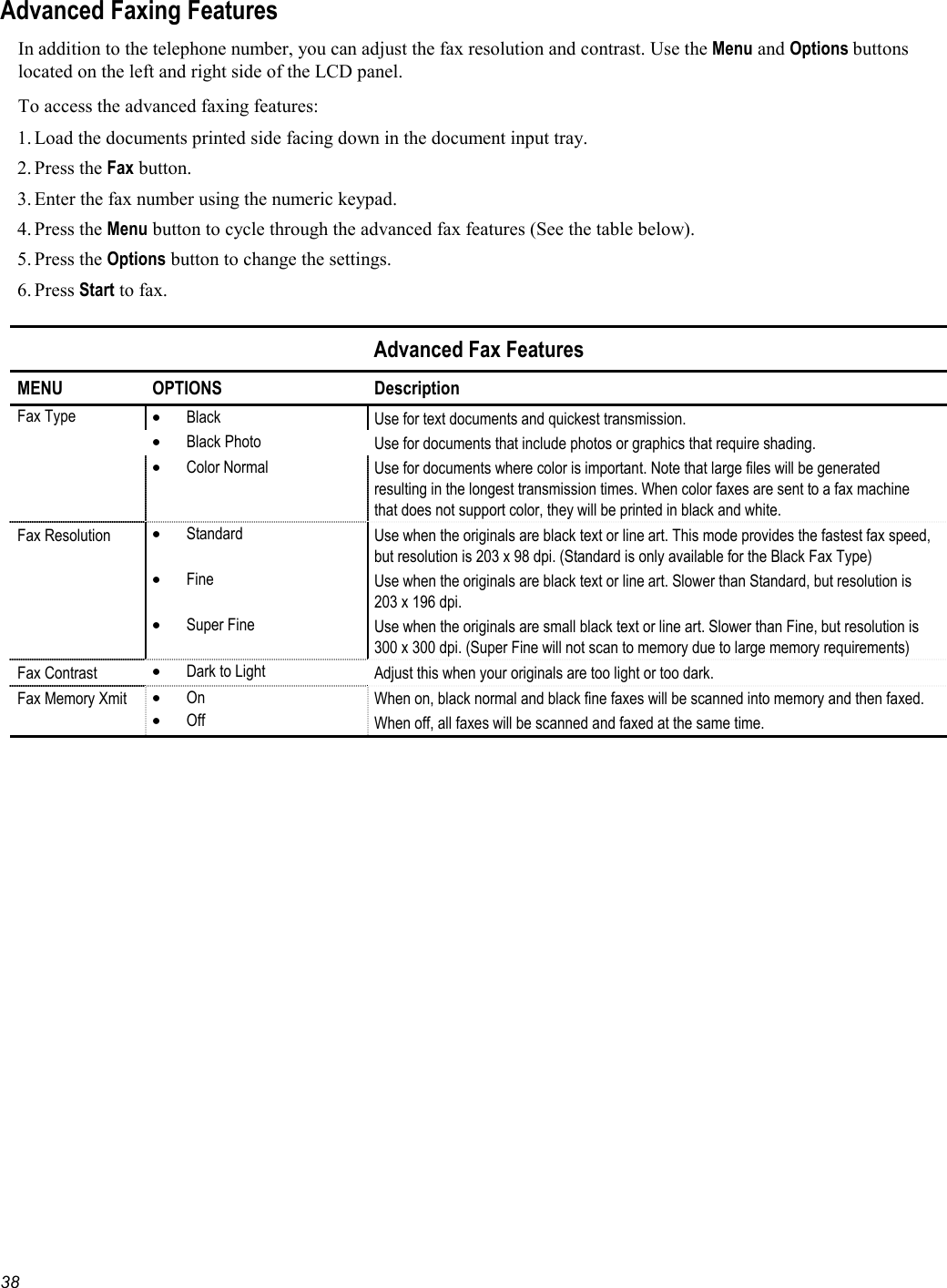   38 Advanced Faxing Features  In addition to the telephone number, you can adjust the fax resolution and contrast. Use the Menu and Options buttons located on the left and right side of the LCD panel.  To access the advanced faxing features: 1. Load the documents printed side facing down in the document input tray. 2. Press  the Fax button. 3. Enter the fax number using the numeric keypad. 4. Press  the Menu button to cycle through the advanced fax features (See the table below). 5. Press  the Options button to change the settings. 6. Press  Start to fax.  Advanced Fax Features MENU OPTIONS  Description Fax Type  •  Black  Use for text documents and quickest transmission.  •  Black Photo  Use for documents that include photos or graphics that require shading.  •  Color Normal  Use for documents where color is important. Note that large files will be generated resulting in the longest transmission times. When color faxes are sent to a fax machine that does not support color, they will be printed in black and white. Fax Resolution  •  Standard  Use when the originals are black text or line art. This mode provides the fastest fax speed, but resolution is 203 x 98 dpi. (Standard is only available for the Black Fax Type)  •  Fine  Use when the originals are black text or line art. Slower than Standard, but resolution is 203 x 196 dpi.  •  Super Fine  Use when the originals are small black text or line art. Slower than Fine, but resolution is 300 x 300 dpi. (Super Fine will not scan to memory due to large memory requirements) Fax Contrast  •  Dark to Light   Adjust this when your originals are too light or too dark.  Fax Memory Xmit  •  On •  Off When on, black normal and black fine faxes will be scanned into memory and then faxed. When off, all faxes will be scanned and faxed at the same time.   