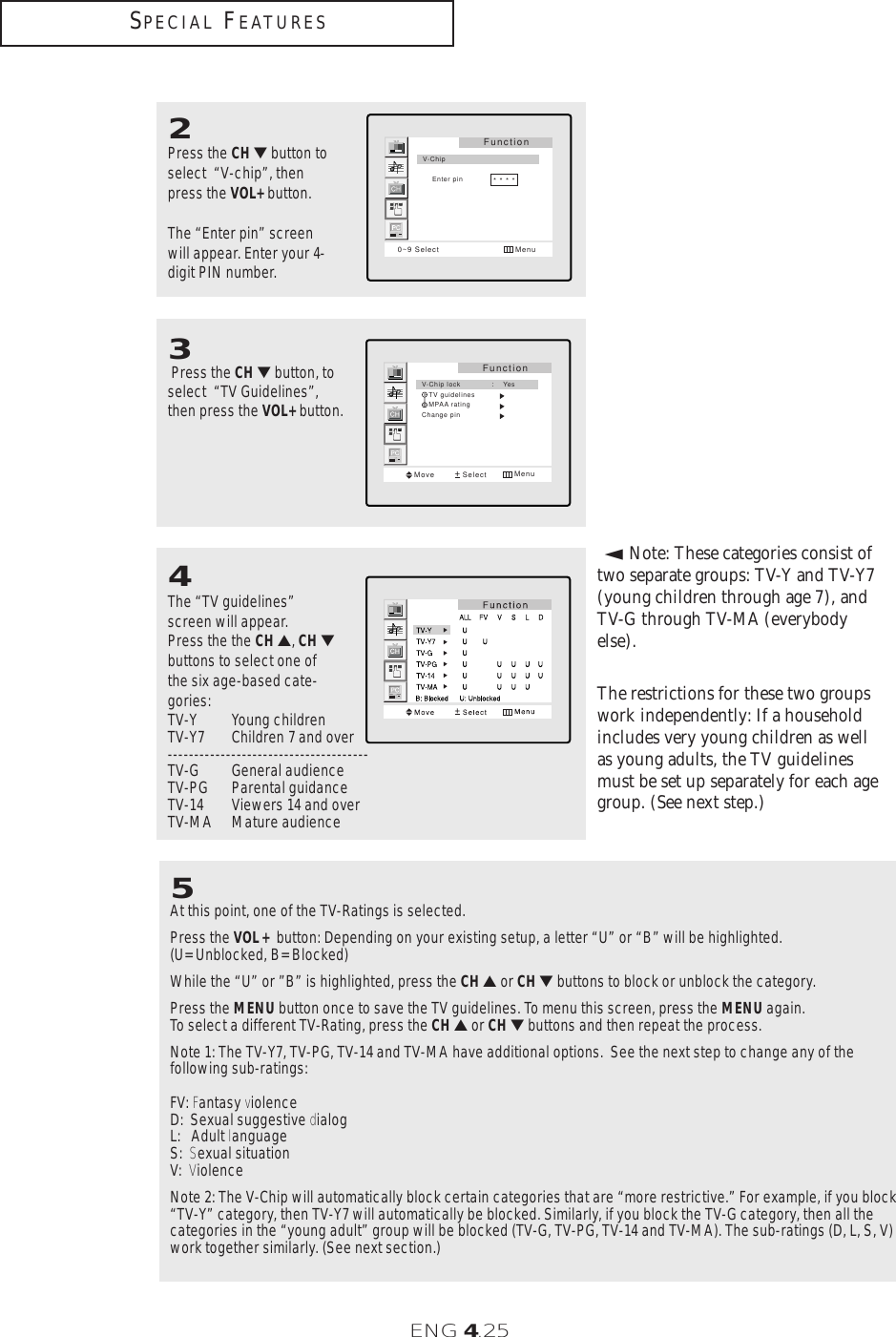 ENG 4.252Press the CH ▼button toselect  “V-chip”, thenpress the VOL+ button.The “Enter pin” screenwill appear. Enter your 4-digit PIN number. Function0~9 Select MenuV-Chip    Enter pin             * * * *3Press the CH ▼button, toselect  “TV Guidelines”,then press the VOL+ button. FunctionV-Chip lock       :    Yes   TV guidelines   MPAA ratingChange pinMove Select Menu4The “TV guidelines”screen will appear. Press the the CH ▲, CH ▼buttons to select one ofthe six age-based cate-gories:TV-Y Young childrenTV-Y7 Children 7 and over--------------------------------------TV-G General audienceTV-PG Parental guidanceTV-14 Viewers 14 and overTV-MA Mature audience5At this point, one of the TV-Ratings is selected.Press the VOL+  button: Depending on your existing setup, a letter “U” or “B” will be highlighted.(U= Unblocked, B= Blocked)While the “U” or ”B” is highlighted, press the CH ▲or CH ▼buttons to block or unblock the category.Press the MENU button once to save the TV guidelines. To menu this screen, press the MENU again. To select a different TV-Rating, press the CH ▲or CH ▼buttons and then repeat the process.Note 1: The TV-Y7, TV-PG, TV-14 and TV-MA have additional options.  See the next step to change any of the following sub-ratings:FV: Fantasy violenceD:  Sexual suggestive dialogL:   Adult languageS:  Sexual situationV:  ViolenceNote 2: The V-Chip will automatically block certain categories that are “more restrictive.” For example, if you block“TV-Y” category, then TV-Y7 will automatically be blocked. Similarly, if you block the TV-G category, then all thecategories in the “young adult” group will be blocked (TV-G, TV-PG, TV-14 and TV-MA). The sub-ratings (D, L, S, V)work together similarly. (See next section.)Note: These categories consist oftwo separate groups: TV-Y and TV-Y7(young children through age 7), andTV-G through TV-MA (everybodyelse). The restrictions for these two groupswork independently: If a householdincludes very young children as wellas young adults, the TV guidelinesmust be set up separately for each agegroup. (See next step.)▼SPECIAL FEATURES