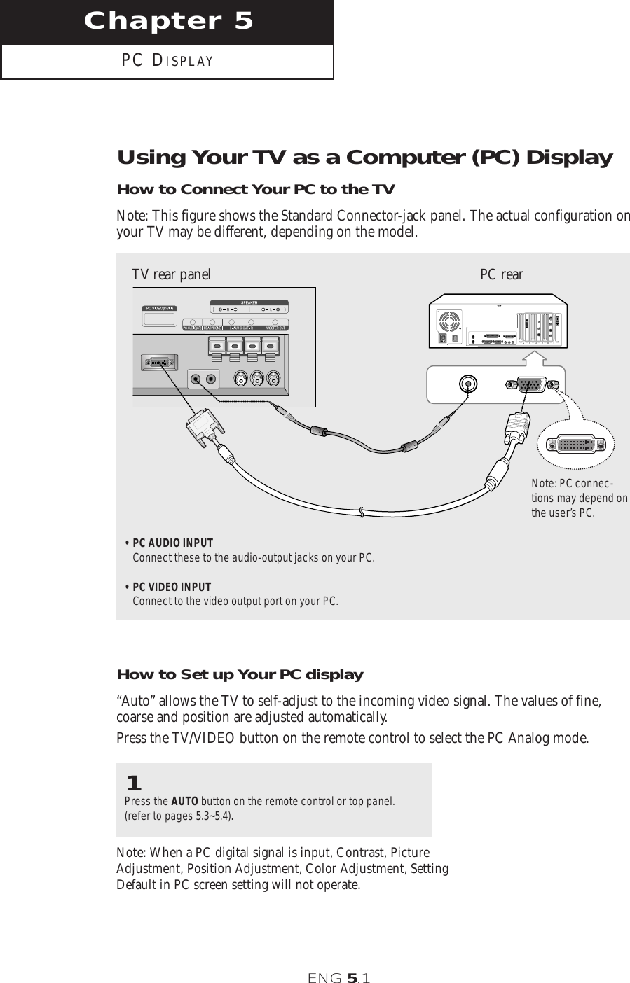 ENG 5.1Chapter 5PC DISPLAYUsing Your TV as a Computer (PC) DisplayHow to Connect Your PC to the TVNote: This figure shows the Standard Connector-jack panel. The actual configuration onyour TV may be different, depending on the model.• PC AUDIO INPUTConnect these to the audio-output jacks on your PC.• PC VIDEO INPUTConnect to the video output port on your PC.TV rear panel PC rearHow to Set up Your PC display“Auto” allows the TV to self-adjust to the incoming video signal. The values of fine,coarse and position are adjusted automatically.Press the TV/VIDEO button on the remote control to select the PC Analog mode.1Press the AUTO button on the remote control or top panel.(refer to pages 5.3~5.4).Note: PC connec-tions may depend onthe user’s PC.Note: When a PC digital signal is input, Contrast, PictureAdjustment, Position Adjustment, Color Adjustment, SettingDefault in PC screen setting will not operate.