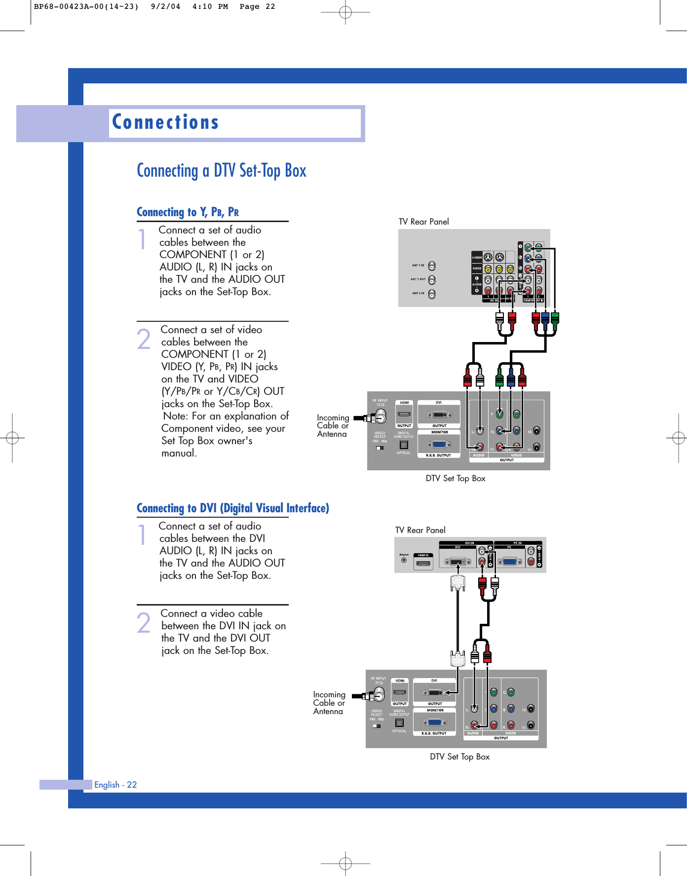 Connecting a DTV Set-Top BoxConnecting to Y, PB, PR1Connect a set of audiocables between theCOMPONENT (1 or 2)AUDIO (L, R) IN jacks onthe TV and the AUDIO OUTjacks on the Set-Top Box.2Connect a set of videocables between theCOMPONENT (1 or 2)VIDEO (Y, PB, PR) IN jackson the TV and VIDEO(Y/PB/PRor Y/CB/CR) OUTjacks on the Set-Top Box.Note: For an explanation ofComponent video, see yourSet Top Box owner&apos;smanual.Connecting to DVI (Digital Visual Interface)1Connect a set of audiocables between the DVIAUDIO (L, R) IN jacks onthe TV and the AUDIO OUTjacks on the Set-Top Box.2Connect a video cablebetween the DVI IN jack onthe TV and the DVI OUTjack on the Set-Top Box.ConnectionsEnglish - 22TV Rear PanelDTV Set Top BoxIncomingCable or AntennaTV Rear PanelDTV Set Top BoxIncomingCable or AntennaBP68-00423A-00(14~23)  9/2/04  4:10 PM  Page 22