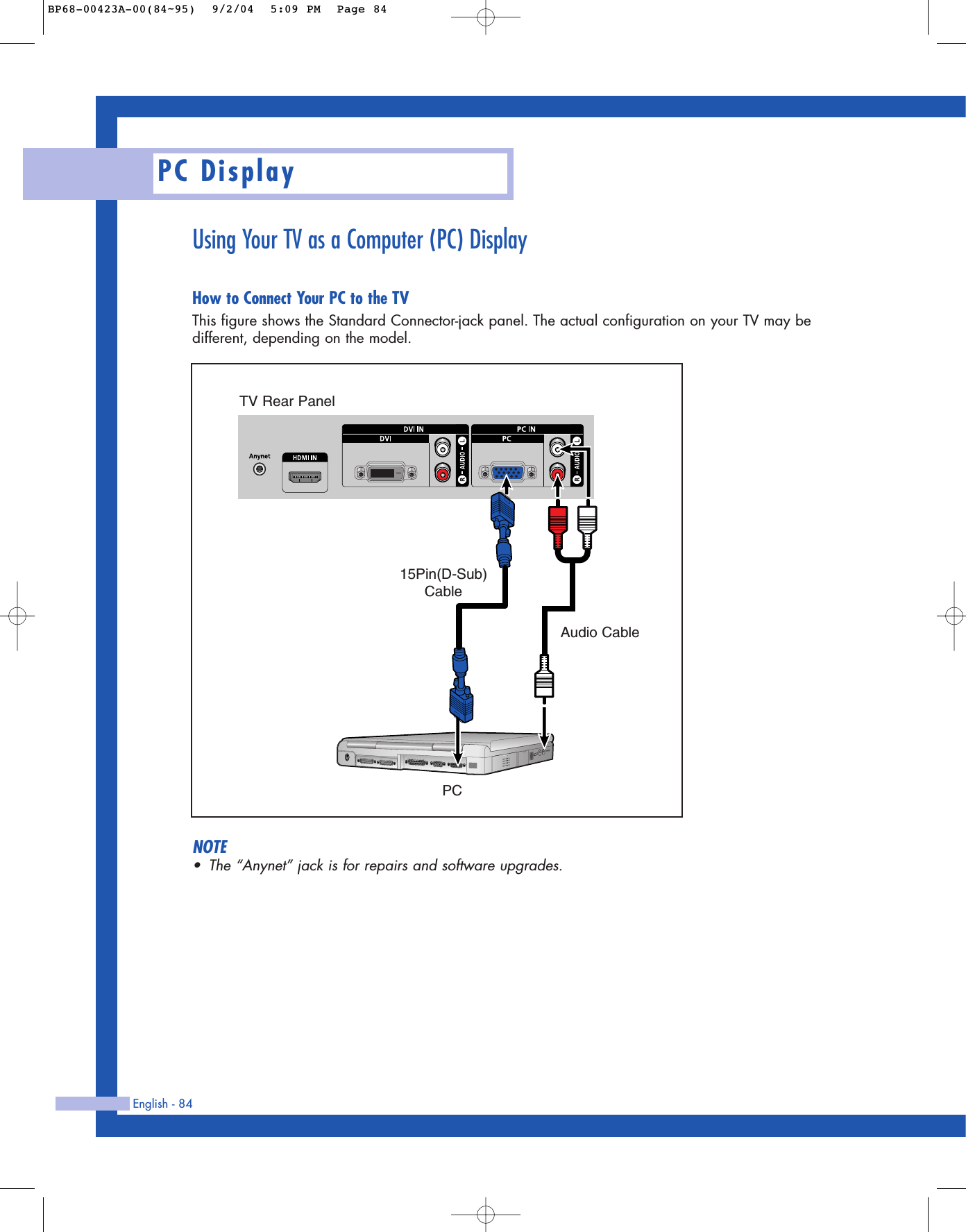 PC DisplayEnglish - 84Using Your TV as a Computer (PC) DisplayHow to Connect Your PC to the TVThis figure shows the Standard Connector-jack panel. The actual configuration on your TV may bedifferent, depending on the model.NOTE•The “Anynet” jack is for repairs and software upgrades.15Pin(D-Sub)CableTV Rear PanelPCAudio CableBP68-00423A-00(84~95)  9/2/04  5:09 PM  Page 84