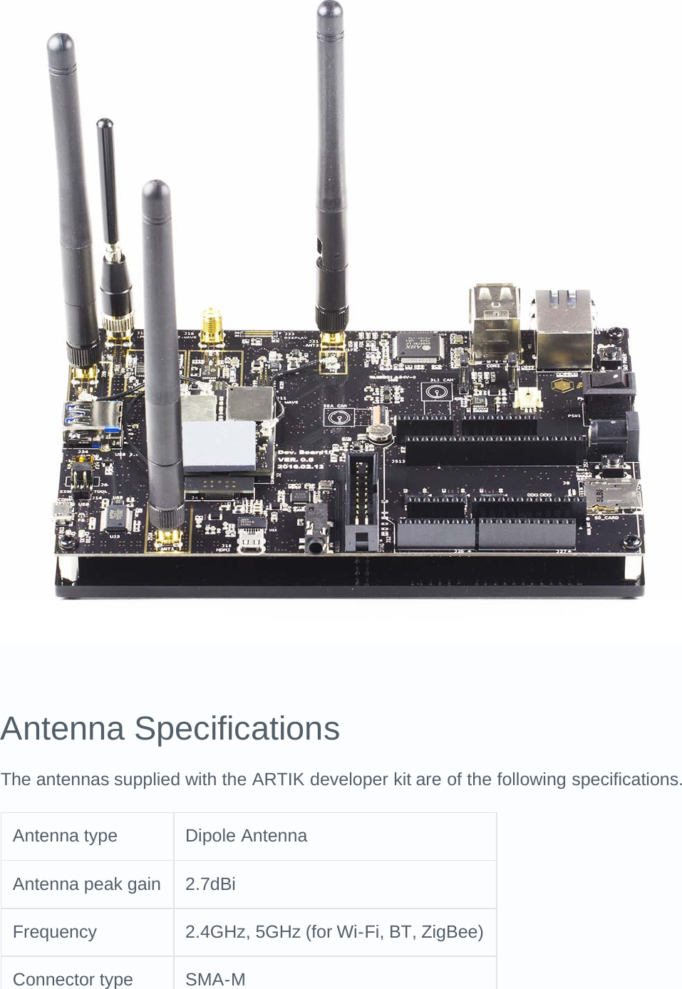 Antenna SpecificationsThe antennas supplied with the ARTIK developer kit are of the following specifications.Antenna type Dipole AntennaAntenna peak gain 2.7dBiFrequency 2.4GHz, 5GHz (for Wi-Fi, BT, ZigBee)Connector type SMA-M