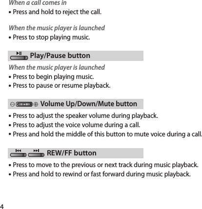 4When the music player is launchedPress to stop playing music.When the music player is launchedPress to begin playing music.Press to pause or resume playback.Press to adjust the speaker volume during playback.Press to adjust the voice volume during a call.Press and hold the middle of this button to mute voice during a call.Press to move to the previous or next track during music playback.Press and hold to rewind or fast forward during music playback.Play/Pause buttonVolume Up/Down/Mute buttonWhen a call comes inPress and hold to reject the call.REW/FF button