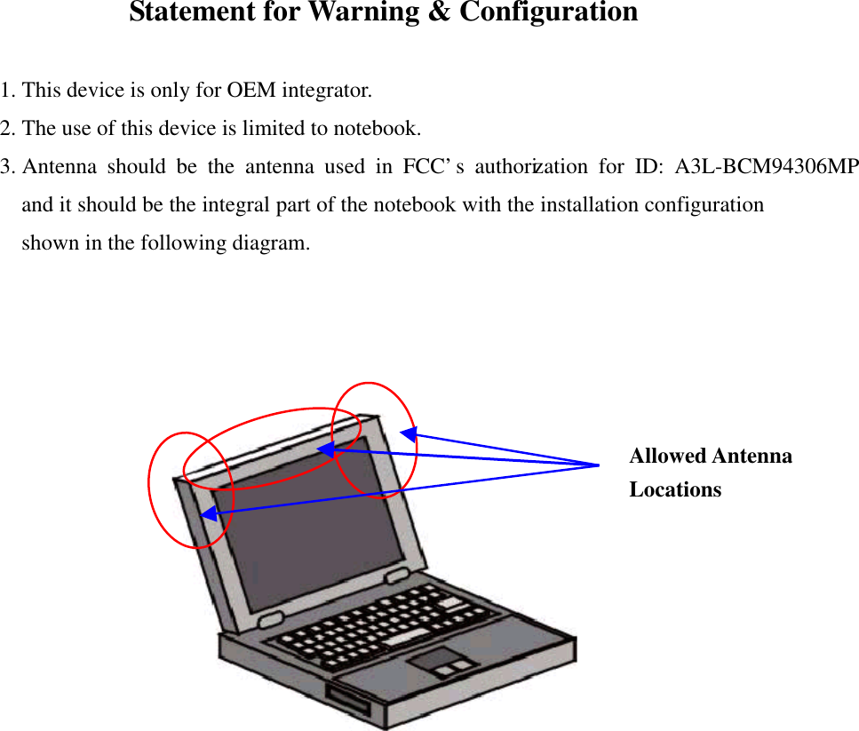 Statement for Warning &amp; Configuration1. This device is only for OEM integrator.2. The use of this device is limited to notebook.3. Antenna should be the antenna used in FCC’s authorization for ID: A3L-BCM94306MP and it should be the integral part of the notebook with the installation configurationshown in the following diagram.Allowed AntennaLocations
