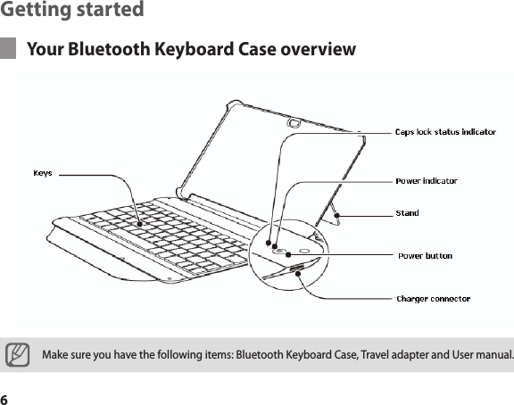 6Getting startedYour Bluetooth Keyboard Case overviewMake sure you have the following items: Bluetooth Keyboard Case, Travel adapter and User manual.Speaker  line out jack Multifunction jackCaps lock  status indicator KeysGuide  Connector 