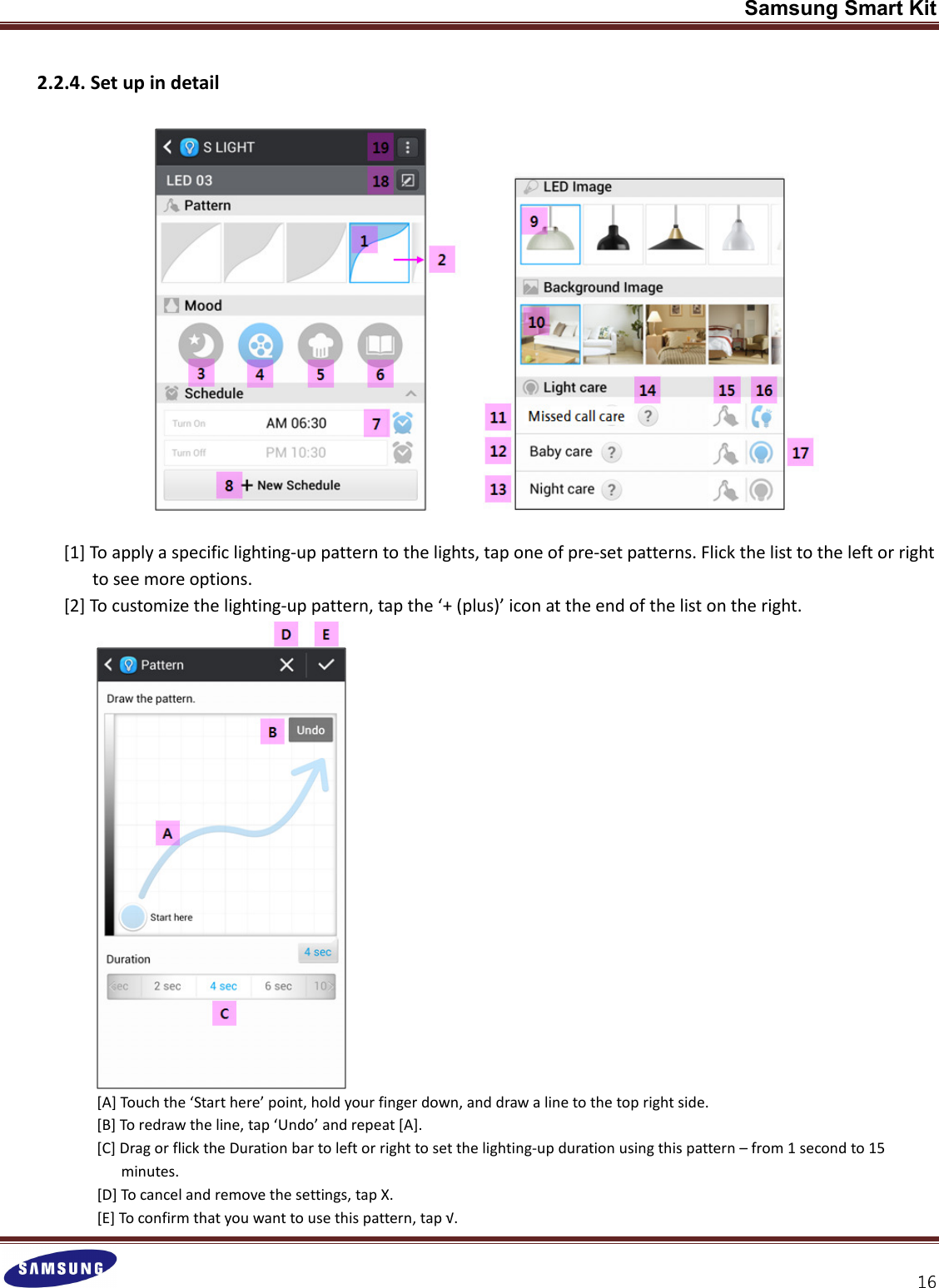 Samsung Smart Kit  2.2.4. Set up in detail    [1] To apply a specific lighting-up pattern to the lights, tap one of pre-set patterns. Flick the list to the left or right to see more options. [2] To customize the lighting-up pattern, tap the ‘+ (plus)’ icon at the end of the list on the right.  [A] Touch the ‘Start here’ point, hold your finger down, and draw a line to the top right side. [B] To redraw the line, tap ‘Undo’ and repeat [A]. [C] Drag or flick the Duration bar to left or right to set the lighting-up duration using this pattern – from 1 second to 15 minutes. [D] To cancel and remove the settings, tap X. [E] To confirm that you want to use this pattern, tap √. 