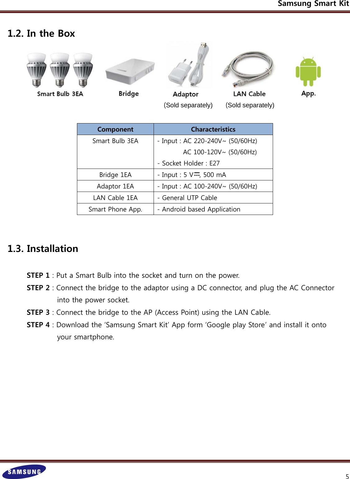 Samsung Smart Kit    5 1.2. In the Box               (Sold separately)    (Sold separately)  Component  Characteristics Smart Bulb 3EA  - Input : AC 220-240V~ (50/60Hz)                 AC 100-120V~ (50/60Hz) - Socket Holder : E27 Bridge 1EA  - Input : 5 V , 500 mA Adaptor 1EA  - Input : AC 100-240V~ (50/60Hz) LAN Cable 1EA  - General UTP Cable Smart Phone App.  - Android based Application   1.3. Installation      STEP 1 : Put a Smart Bulb into the socket and turn on the power.     STEP 2 : Connect the bridge to the adaptor using a DC connector, and plug the AC Connector               into the power socket.  STEP 3 : Connect the bridge to the AP (Access Point) using the LAN Cable.  STEP 4 : Download the ‘Samsung Smart Kit’ App form ‘Google play Store’ and install it onto                 your smartphone.          