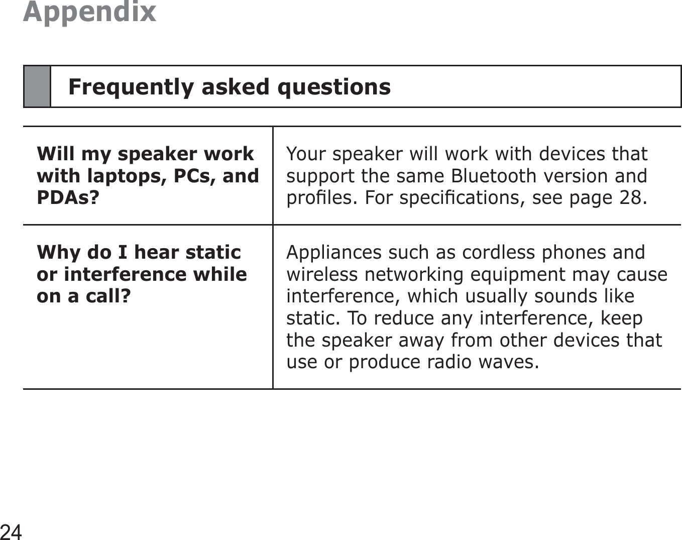 24AppendixFrequently asked questionsWill my speaker work with laptops, PCs, and PDAs?Your speaker will work with devices that support the same Bluetooth version and proﬁles. For speciﬁcations, see page 28.Why do I hear static or interference while on a call?Appliances such as cordless phones and wireless networking equipment may cause interference, which usually sounds like static. To reduce any interference, keep the speaker away from other devices that use or produce radio waves.