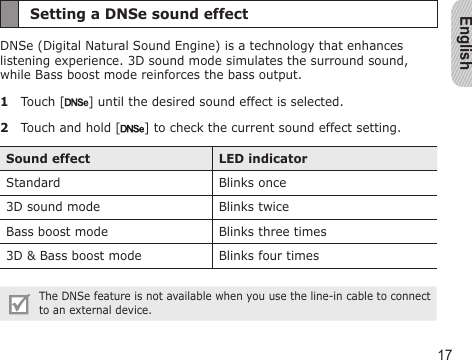 English17Setting a DNSe sound effectDNSe (Digital Natural Sound Engine) is a technology that enhances listening experience. 3D sound mode simulates the surround sound, while Bass boost mode reinforces the bass output.1  Touch [ ] until the desired sound effect is selected.2  Touch and hold [ ] to check the current sound effect setting.Sound effect LED indicatorStandard Blinks once3D sound mode Blinks twiceBass boost mode Blinks three times3D &amp; Bass boost mode Blinks four timesThe DNSe feature is not available when you use the line-in cable to connect to an external device.