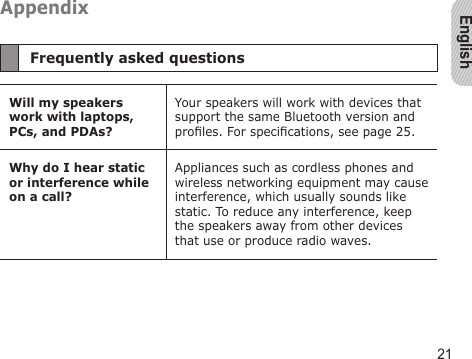 English21AppendixFrequently asked questionsWill my speakers work with laptops, PCs, and PDAs?Your speakers will work with devices that support the same Bluetooth version and proles. For specications, see page 25.Why do I hear static or interference while on a call?Appliances such as cordless phones and wireless networking equipment may cause interference, which usually sounds like static. To reduce any interference, keep the speakers away from other devices that use or produce radio waves.