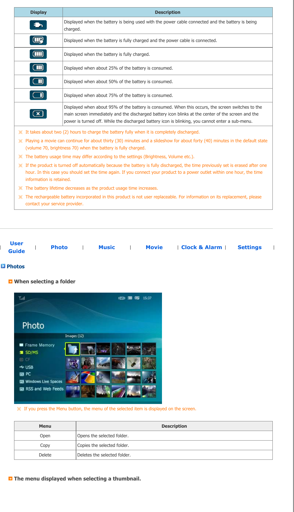 Display DescriptionDisplayed when the battery is being used with the power cable connected and the battery is being charged.Displayed when the battery is fully charged and the power cable is connected.Displayed when the battery is fully charged.Displayed when about 25% of the battery is consumed.Displayed when about 50% of the battery is consumed.Displayed when about 75% of the battery is consumed.Displayed when about 95% of the battery is consumed. When this occurs, the screen switches to the main screen immediately and the discharged battery icon blinks at the center of the screen and the power is turned off. While the discharged battery icon is blinking, you cannot enter a sub-menu.It takes about two (2) hours to charge the battery fully when it is completely discharged.Playing a movie can continue for about thirty (30) minutes and a slideshow for about forty (40) minutes in the default state (volume 70, brightness 70) when the battery is fully charged.The battery usage time may differ according to the settings (Brightness, Volume etc.).If the product is turned off automatically because the battery is fully discharged, the time previously set is erased after onehour. In this case you should set the time again. If you connect your product to a power outlet within one hour, the time information is retained.The battery lifetime decreases as the product usage time increases.The rechargeable battery incorporated in this product is not user replaceable. For information on its replacement, please contact your service provider.|UserGuide |Photo |Music  |Movie  |Clock &amp; Alarm |Settings  |PhotosWhen selecting a folderIf you press the Menu button, the menu of the selected item is displayed on the screen.   Menu DescriptionOpen  Opens the selected folder.Copy  Copies the selected folder.Delete  Deletes the selected folder.The menu displayed when selecting a thumbnail.