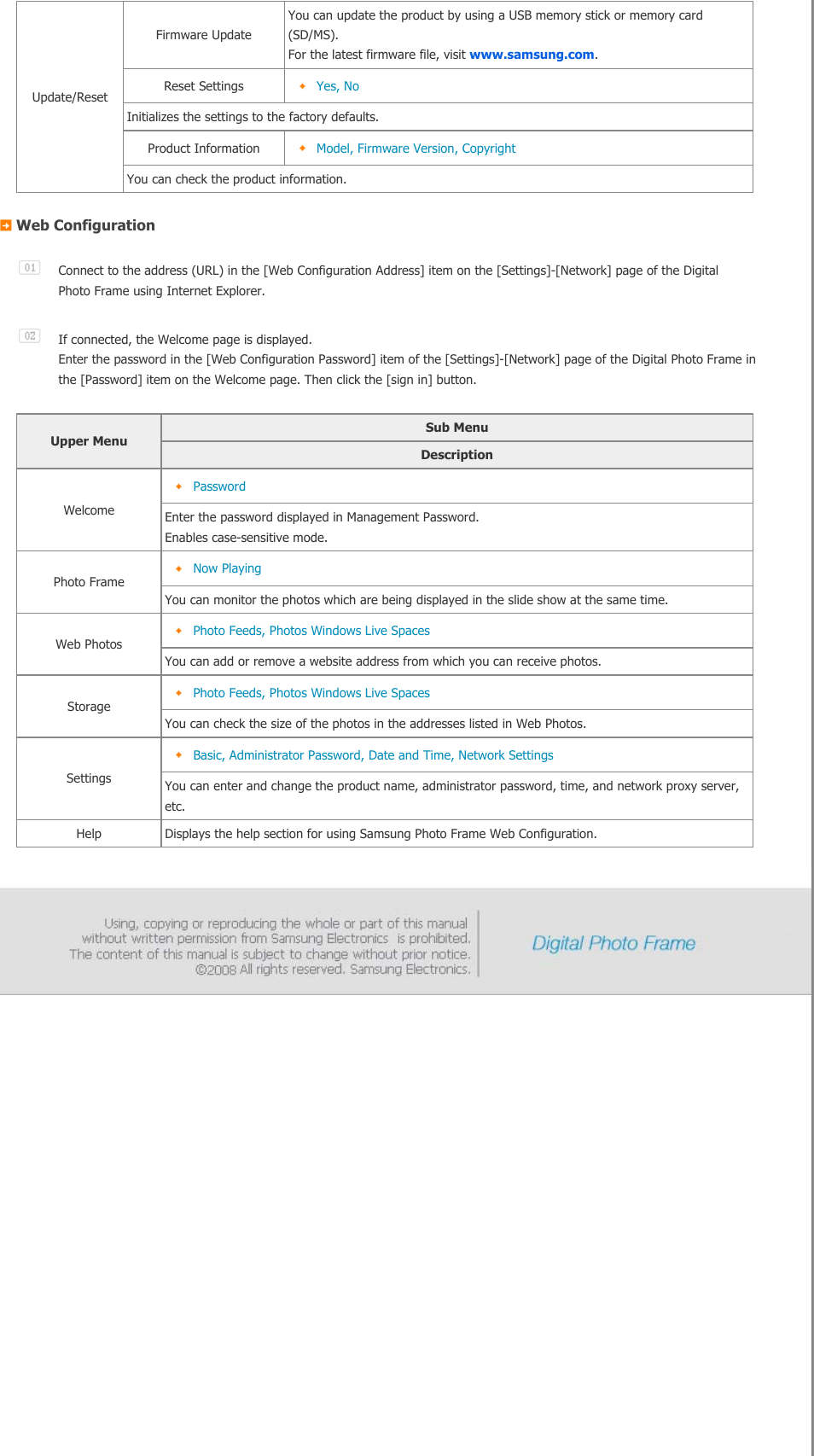 Update/Reset Firmware Update You can update the product by using a USB memory stick or memory card (SD/MS). For the latest firmware file, visit www.samsung.com.Reset Settings  Yes, NoInitializes the settings to the factory defaults. Product Information  Model, Firmware Version, CopyrightYou can check the product information. Web Configuration   Connect to the address (URL) in the [Web Configuration Address] item on the [Settings]-[Network] page of the Digital Photo Frame using Internet Explorer.If connected, the Welcome page is displayed. Enter the password in the [Web Configuration Password] item of the [Settings]-[Network] page of the Digital Photo Frame in the [Password] item on the Welcome page. Then click the [sign in] button.   Upper Menu Sub MenuDescriptionWelcome PasswordEnter the password displayed in Management Password. Enables case-sensitive mode.  Photo Frame  Now Playing You can monitor the photos which are being displayed in the slide show at the same time.  Web Photos Photo Feeds, Photos Windows Live Spaces You can add or remove a website address from which you can receive photos.  Storage Photo Feeds, Photos Windows Live Spaces You can check the size of the photos in the addresses listed in Web Photos.  Settings Basic, Administrator Password, Date and Time, Network Settings You can enter and change the product name, administrator password, time, and network proxy server, etc. Help Displays the help section for using Samsung Photo Frame Web Configuration. 