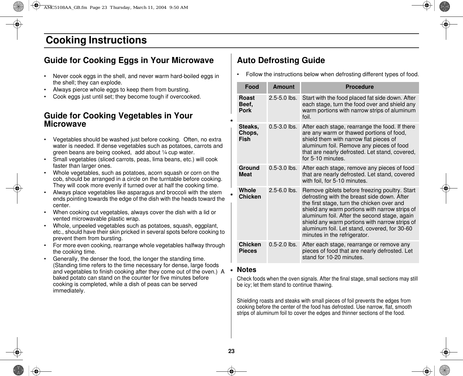 23 Cooking InstructionsGuide for Cooking Eggs in Your Microwave• Never cook eggs in the shell, and never warm hard-boiled eggs in the shell; they can explode.• Always pierce whole eggs to keep them from bursting.• Cook eggs just until set; they become tough if overcooked.Guide for Cooking Vegetables in Your Microwave• Vegetables should be washed just before cooking.  Often, no extra water is needed. If dense vegetables such as potatoes, carrots and green beans are being cooked,  add about ¼ cup water.• Small vegetables (sliced carrots, peas, lima beans, etc.) will cook faster than larger ones.• Whole vegetables, such as potatoes, acorn squash or corn on the cob, should be arranged in a circle on the turntable before cooking.  They will cook more evenly if turned over at half the cooking time.• Always place vegetables like asparagus and broccoli with the stem ends pointing towards the edge of the dish with the heads toward the center.• When cooking cut vegetables, always cover the dish with a lid or vented microwavable plastic wrap.   • Whole, unpeeled vegetables such as potatoes, squash, eggplant, etc., should have their skin pricked in several spots before cooking to prevent them from bursting.• For more even cooking, rearrange whole vegetables halfway through the cooking time.• Generally, the denser the food, the longer the standing time.  (Standing time refers to the time necessary for dense, large foods and vegetables to finish cooking after they come out of the oven.)  A baked potato can stand on the counter for five minutes before cooking is completed, while a dish of peas can be served immediately.Auto Defrosting Guide• Follow the instructions below when defrosting different types of food.NotesCheck foods when the oven signals. After the final stage, small sections may still be icy; let them stand to continue thawing.Shielding roasts and steaks with small pieces of foil prevents the edges from cooking before the center of the food has defrosted. Use narrow, flat, smooth strips of aluminum foil to cover the edges and thinner sections of the food.Food Amount ProcedureRoast Beef, Pork2.5-5.0 lbs. Start with the food placed fat side down. After each stage, turn the food over and shield any warm portions with narrow strips of aluminum foil.Steaks, Chops, Fish0.5-3.0 lbs. After each stage, rearrange the food. If there are any warm or thawed portions of food, shield them with narrow flat pieces of aluminum foil. Remove any pieces of food that are nearly defrosted. Let stand, covered, for 5-10 minutes.Ground Meat 0.5-3.0 lbs. After each stage, remove any pieces of food that are nearly defrosted. Let stand, covered with foil, for 5-10 minutes.Whole Chicken 2.5-6.0 lbs. Remove giblets before freezing poultry. Start defrosting with the breast side down. After the first stage, turn the chicken over and shield any warm portions with narrow strips of aluminum foil. After the second stage, again shield any warm portions with narrow strips of aluminum foil. Let stand, covered, for 30-60 minutes in the refrigerator.Chicken Pieces 0.5-2.0 lbs. After each stage, rearrange or remove any pieces of food that are nearly defrosted. Let stand for 10-20 minutes.AMC5108AA_GB.fm  Page 23  Thursday, March 11, 2004  9:50 AM