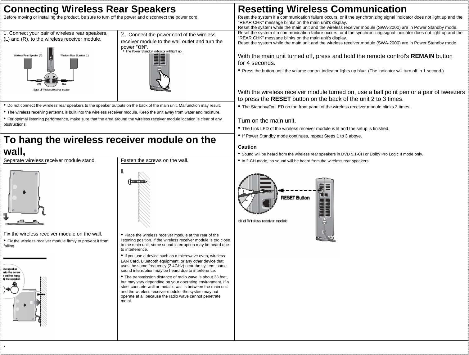 Connecting Wireless Rear Speakers Before moving or installing the product, be sure to turn off the power and disconnect the power cord.  Resetting Wireless Communication Reset the system if a communication failure occurs, or if the synchronizing signal indicator does not light up and the &quot;REAR CHK&quot; message blinks on the main unit&apos;s display. Reset the system while the main unit and the wireless receiver module (SWA-2000) are in Power Standby mode. 1. Connect your pair of wireless rear speakers, (L) and (R), to the wireless receiver module.    2. Connect the power cord of the wireless receiver module to the wall outlet and turn the power &quot;ON&quot;.  • Do not connect the wireless rear speakers to the speaker outputs on the back of the main unit. Malfunction may result. • The wireless receiving antenna is built into the wireless receiver module. Keep the unit away from water and moisture. • For optimal listening performance, make sure that the area around the wireless receiver module location is clear of any obstructions.  To hang the wireless receiver module on the wall, Separate wireless receiver module stand.  Fix the wireless receiver module on the wall. • Fix the wireless receiver module firmly to prevent it from falling.   Fasten the screws on the wall.  • Place the wireless receiver module at the rear of the listening position. If the wireless receiver module is too close to the main unit, some sound interruption may be heard due to interference. • If you use a device such as a microwave oven, wireless LAN Card, Bluetooth equipment, or any other device that uses the same frequency (2.4GHz) near the system, some sound interruption may be heard due to interference. • The transmission distance of radio wave is about 33 feet, but may vary depending on your operating environment. If a steel-concrete wall or metallic wall is between the main unit and the wireless receiver module, the system may not operate at all because the radio wave cannot penetrate metal.  Reset the system if a communication failure occurs, or if the synchronizing signal indicator does not light up and the &quot;REAR CHK&quot; message blinks on the main unit&apos;s display. Reset the system while the main unit and the wireless receiver module (SWA-2000) are in Power Standby mode.  With the main unit turned off, press and hold the remote control&apos;s REMAIN button for 4 seconds. • Press the button until the volume control indicator lights up blue. (The indicator will turn off in 1 second.)   With the wireless receiver module turned on, use a ball point pen or a pair of tweezers to press the RESET button on the back of the unit 2 to 3 times. • The Standby/On LED on the front panel of the wireless receiver module blinks 3 times.  Turn on the main unit. • The Link LED of the wireless receiver module is lit and the setup is finished. • If Power Standby mode continues, repeat Steps 1 to 3 above.  Caution • Sound will be heard from the wireless rear speakers in DVD 5.1-CH or Dolby Pro Logic II mode only. • In 2-CH mode, no sound will be heard from the wireless rear speakers.         . 