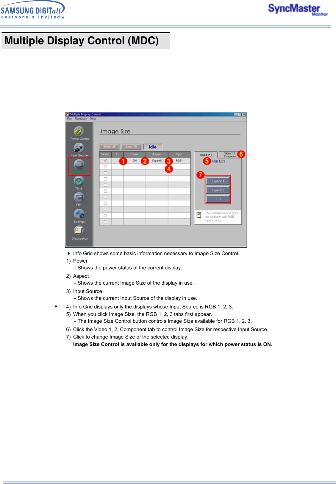  Multiple Display Control (MDC) Info Grid shows some basic information necessary to Image Size Control.1) Power - Shows the power status of the current display.2) Aspect - Shows the current Image Size of the display in use.3) Input Source - Shows the current Input Source of the display in use.4) Info Grid displays only the displays whose Input Source is RGB 1, 2, 3. 5) When you click Image Size, the RGB 1, 2, 3 tabs first appear. - The Image Size Control button controls Image Size available for RGB 1, 2, 3.6) Click the Video 1, 2, Component tab to control Image Size for respective Input Source. 7) Click to change Image Size of the selected display. Image Size Control is available only for the displays for which power status is ON.