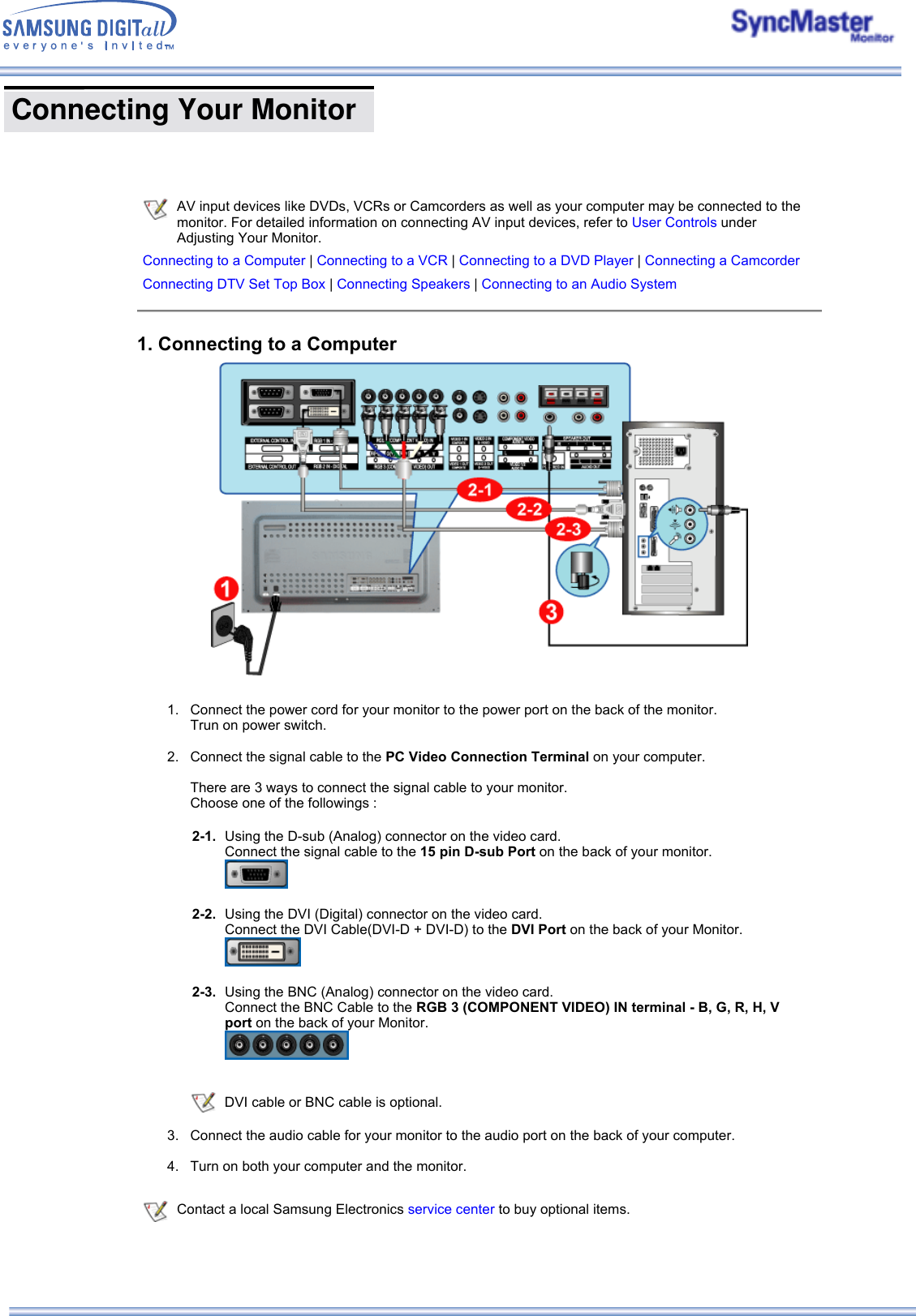  Connecting Your Monitor            AV input devices like DVDs, VCRs or Camcorders as well as your computer may be connected to the monitor. For detailed information on connecting AV input devices, refer to User Controls under Adjusting Your Monitor.Connecting to a Computer | Connecting to a VCR | Connecting to a DVD Player | Connecting a CamcorderConnecting DTV Set Top Box | Connecting Speakers | Connecting to an Audio System 1. Connecting to a Computer1. Connect the power cord for your monitor to the power port on the back of the monitor.  Trun on power switch.  2. Connect the signal cable to the PC Video Connection Terminal on your computer.  There are 3 ways to connect the signal cable to your monitor.  Choose one of the followings :       DVI cable or BNC cable is optional.  3. Connect the audio cable for your monitor to the audio port on the back of your computer.  4. Turn on both your computer and the monitor.  2-1. Using the D-sub (Analog) connector on the video card.  Connect the signal cable to the 15 pin D-sub Port on the back of your monitor. 2-2. Using the DVI (Digital) connector on the video card. Connect the DVI Cable(DVI-D + DVI-D) to the DVI Port on the back of your Monitor. 2-3. Using the BNC (Analog) connector on the video card. Connect the BNC Cable to the RGB 3 (COMPONENT VIDEO) IN terminal - B, G, R, H, V port on the back of your Monitor. Contact a local Samsung Electronics service center to buy optional items.