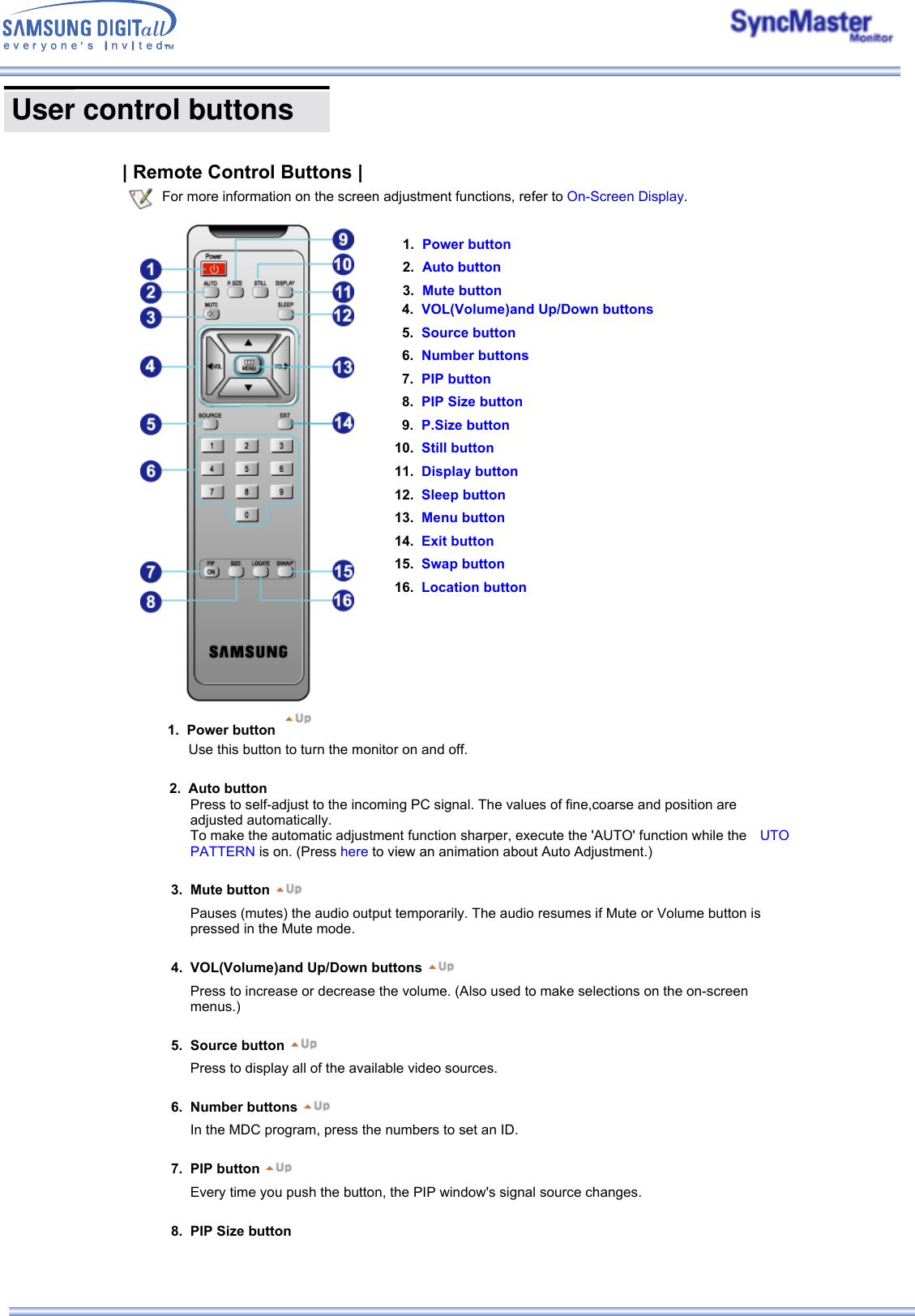  User control buttons          | Remote Control Buttons | For more information on the screen adjustment functions, refer to On-Screen Display.1. Power button2. Auto button3. Mute button4. VOL(Volume)and Up/Down buttons5. Source button6. Number buttons7. PIP button8. PIP Size button9. P.Size button10. Still button11. Display button12. Sleep button13. Menu button14. Exit button15. Swap button16. Location button Use this button to turn the monitor on and off.   2. Auto button Press to self-adjust to the incoming PC signal. The values of fine,coarse and position are adjusted automatically. To make the automatic adjustment function sharper, execute the &apos;AUTO&apos; function while the  UTO PATTERN is on. (Press here to view an animation about Auto Adjustment.)   3. Mute button Pauses (mutes) the audio output temporarily. The audio resumes if Mute or Volume button is pressed in the Mute mode.   4. VOL(Volume)and Up/Down buttons Press to increase or decrease the volume. (Also used to make selections on the on-screen menus.)   5. Source button Press to display all of the available video sources.   6. Number buttons In the MDC program, press the numbers to set an ID.   7. PIP button Every time you push the button, the PIP window&apos;s signal source changes.   8. PIP Size button 1. Power button 