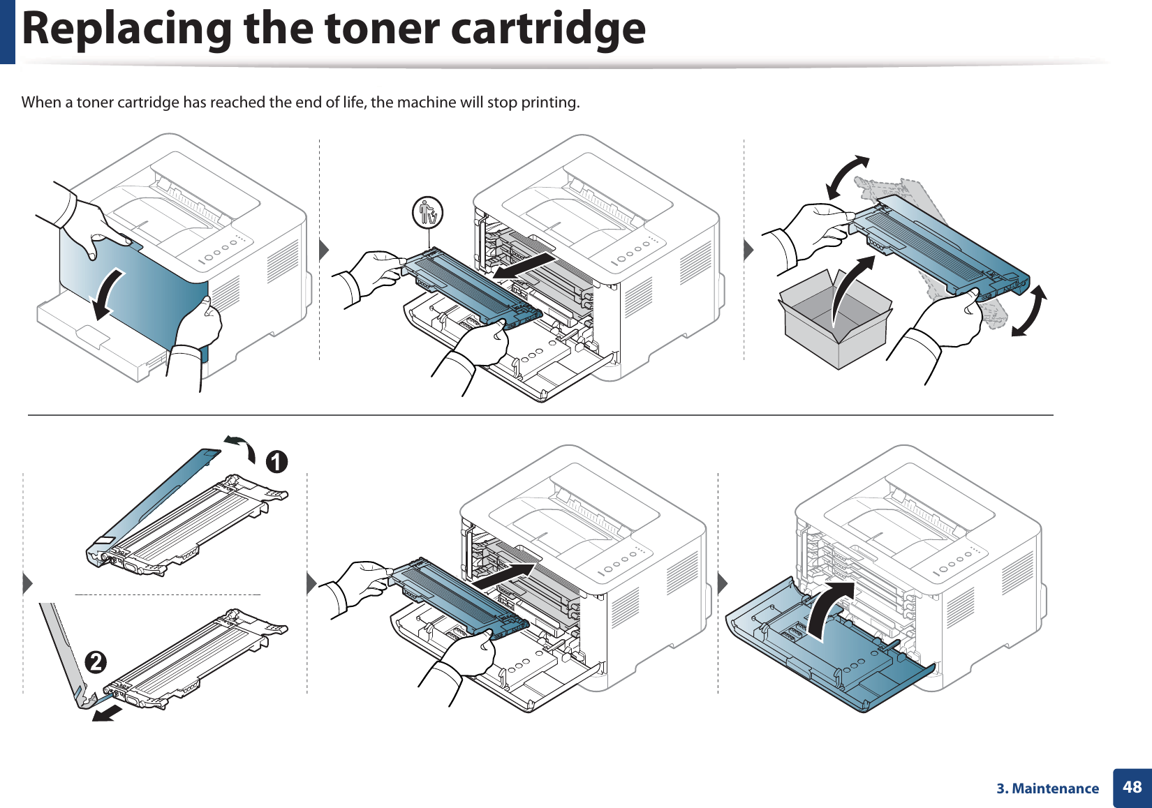Replacing the toner cartridge483. MaintenanceWhen a toner cartridge has reached the end of life, the machine will stop printing.