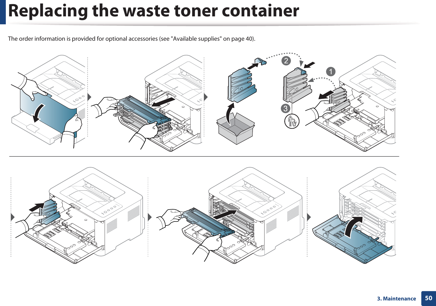 Replacing the waste toner container503. MaintenanceThe order information is provided for optional accessories (see &quot;Available supplies&quot; on page 40).