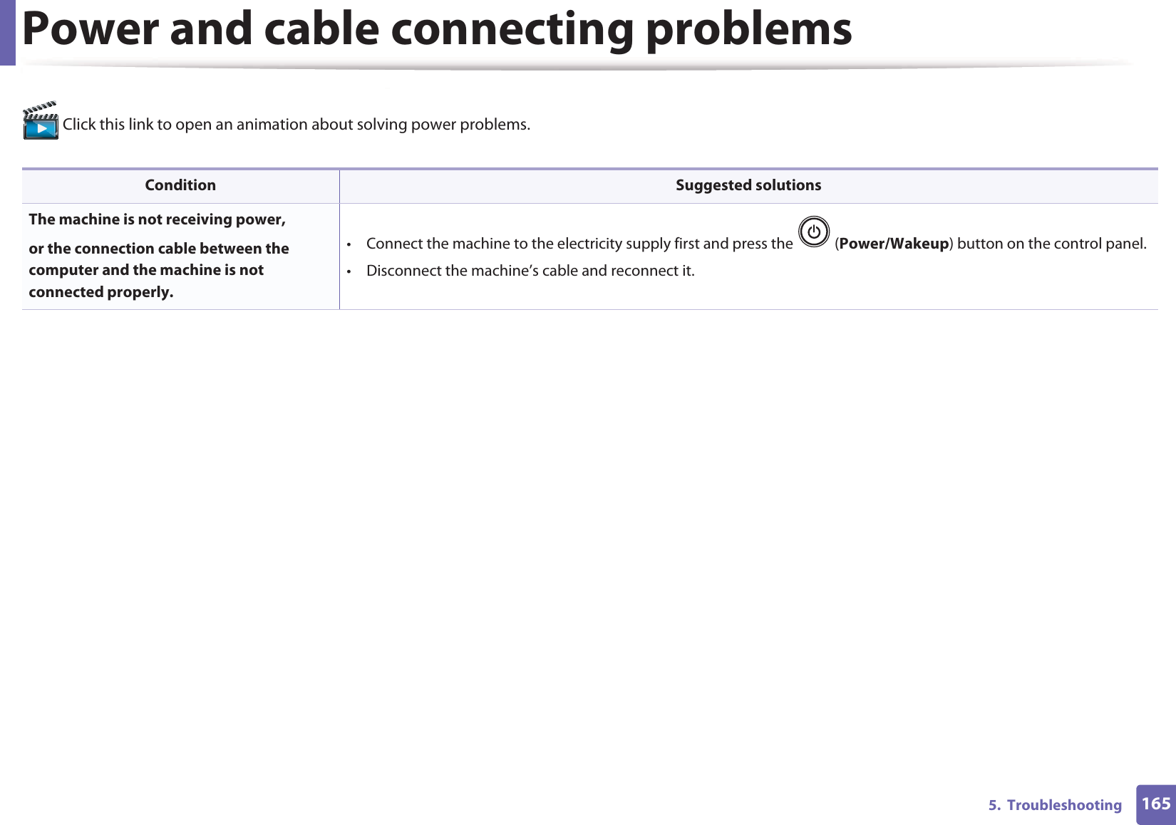 1655.  TroubleshootingPower and cable connecting problems Click this link to open an animation about solving power problems.  Condition Suggested solutionsThe machine is not receiving power, or the connection cable between the computer and the machine is not connected properly.• Connect the machine to the electricity supply first and press the   (Power/Wakeup) button on the control panel.• Disconnect the machine’s cable and reconnect it.
