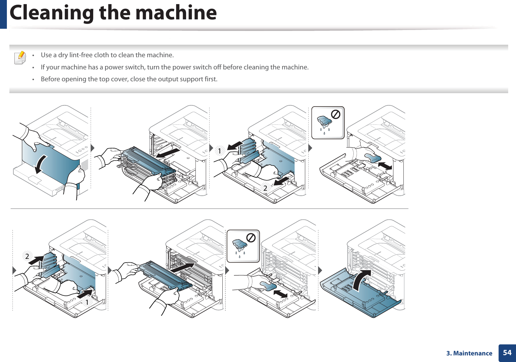 Cleaning the machine543. Maintenance • Use a dry lint-free cloth to clean the machine.• If your machine has a power switch, turn the power switch off before cleaning the machine.• Before opening the top cover, close the output support first. 1212