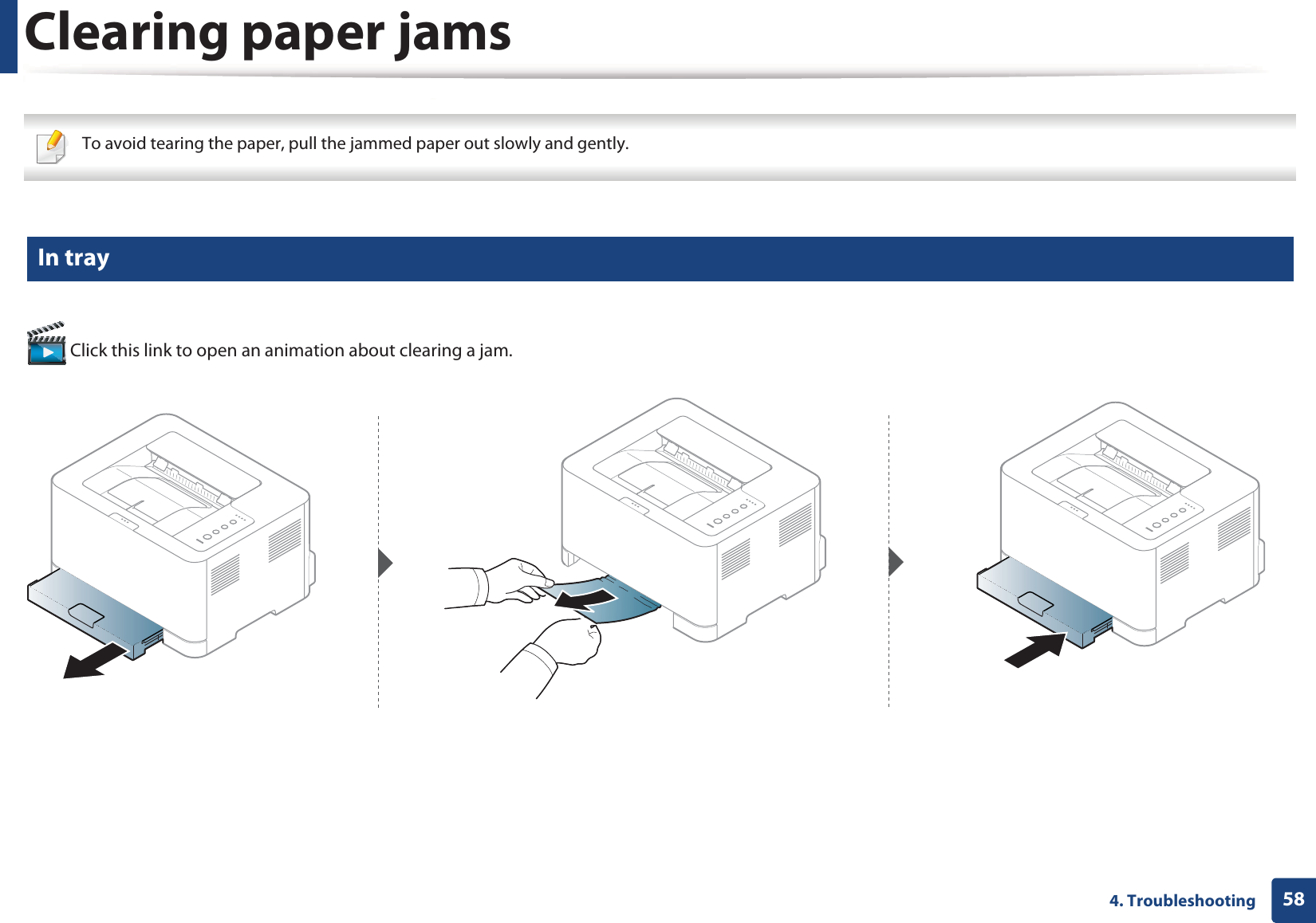 584. TroubleshootingClearing paper jams To avoid tearing the paper, pull the jammed paper out slowly and gently.  1 In tray Click this link to open an animation about clearing a jam.