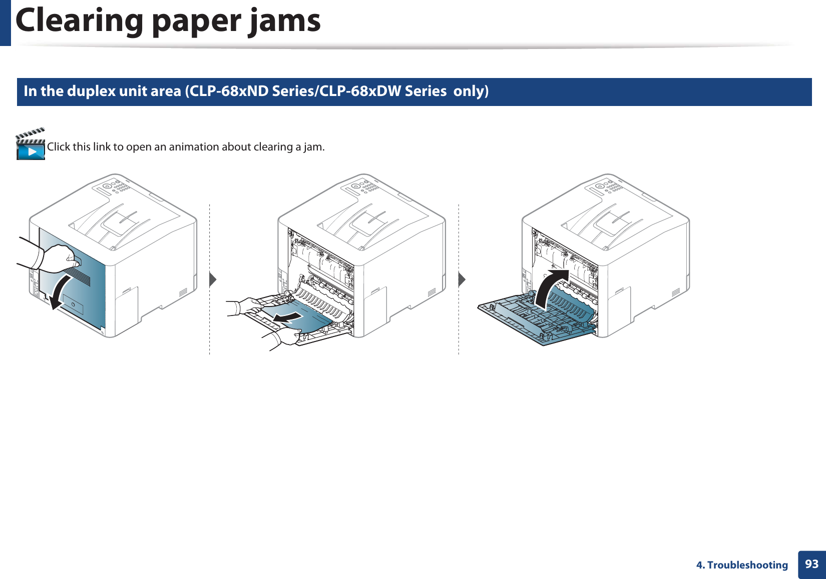 Clearing paper jams934. Troubleshooting6 In the duplex unit area (CLP-68xND Series/CLP-68xDW Series  only) Click this link to open an animation about clearing a jam.