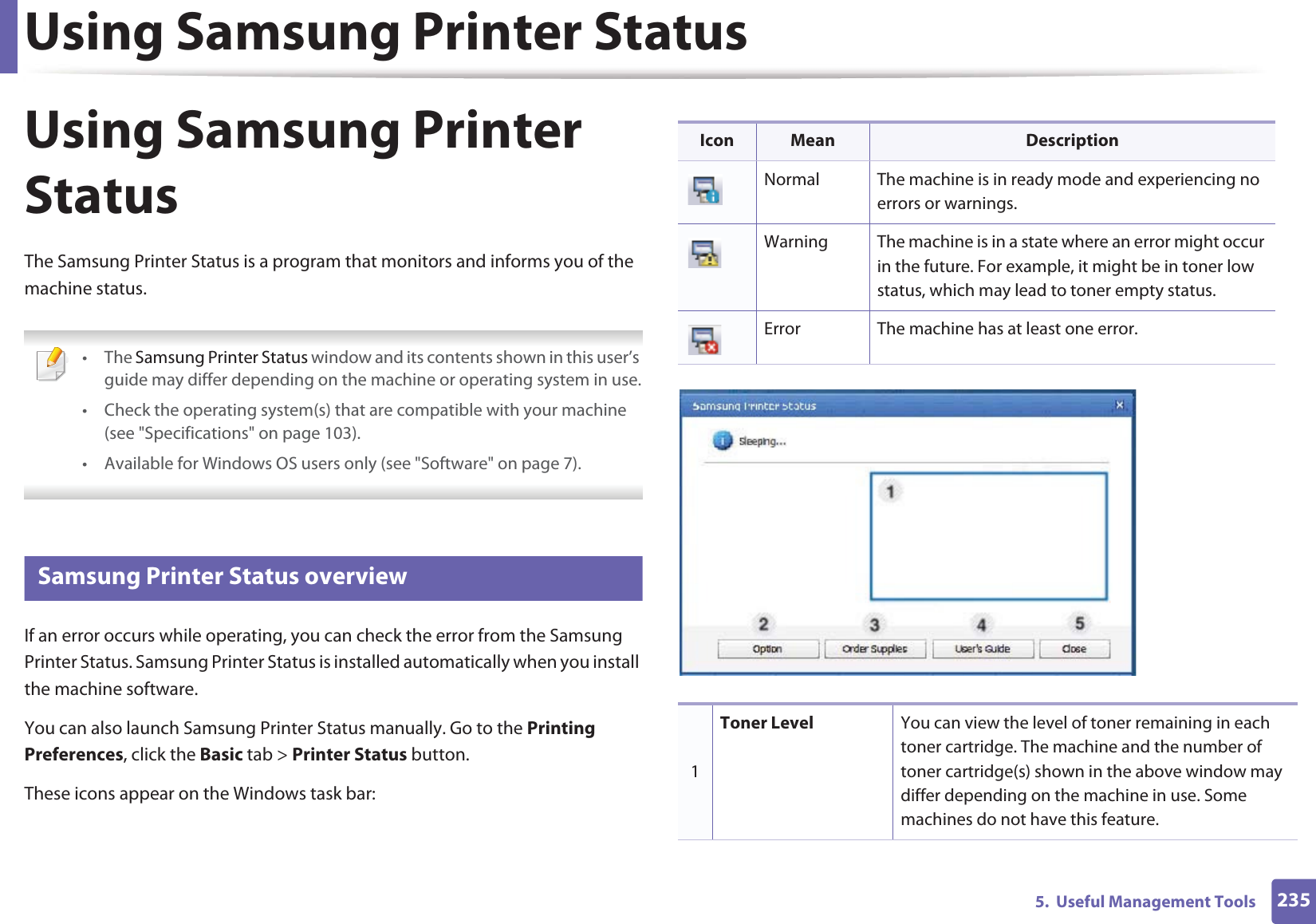 Using Samsung Printer Status2355. Useful Management ToolsUsing Samsung Printer Status The Samsung Printer Status is a program that monitors and informs you of the machine status. • The Samsung Printer Status window and its contents shown in this user’s guide may differ depending on the machine or operating system in use.• Check the operating system(s) that are compatible with your machine (see "Specifications" on page 103).• Available for Windows OS users only (see "Software" on page 7). 7 Samsung Printer Status overviewIf an error occurs while operating, you can check the error from the Samsung Printer Status. Samsung Printer Status is installed automatically when you install the machine software. You can also launch Samsung Printer Status manually. Go to the Printing Preferences, click the Basic tab > Printer Status button.These icons appear on the Windows task bar:Icon Mean DescriptionNormal The machine is in ready mode and experiencing no errors or warnings.Warning The machine is in a state where an error might occur in the future. For example, it might be in toner low status, which may lead to toner empty status. Error The machine has at least one error.1Toner Level You can view the level of toner remaining in each toner cartridge. The machine and the number of toner cartridge(s) shown in the above window may differ depending on the machine in use. Some machines do not have this feature.
